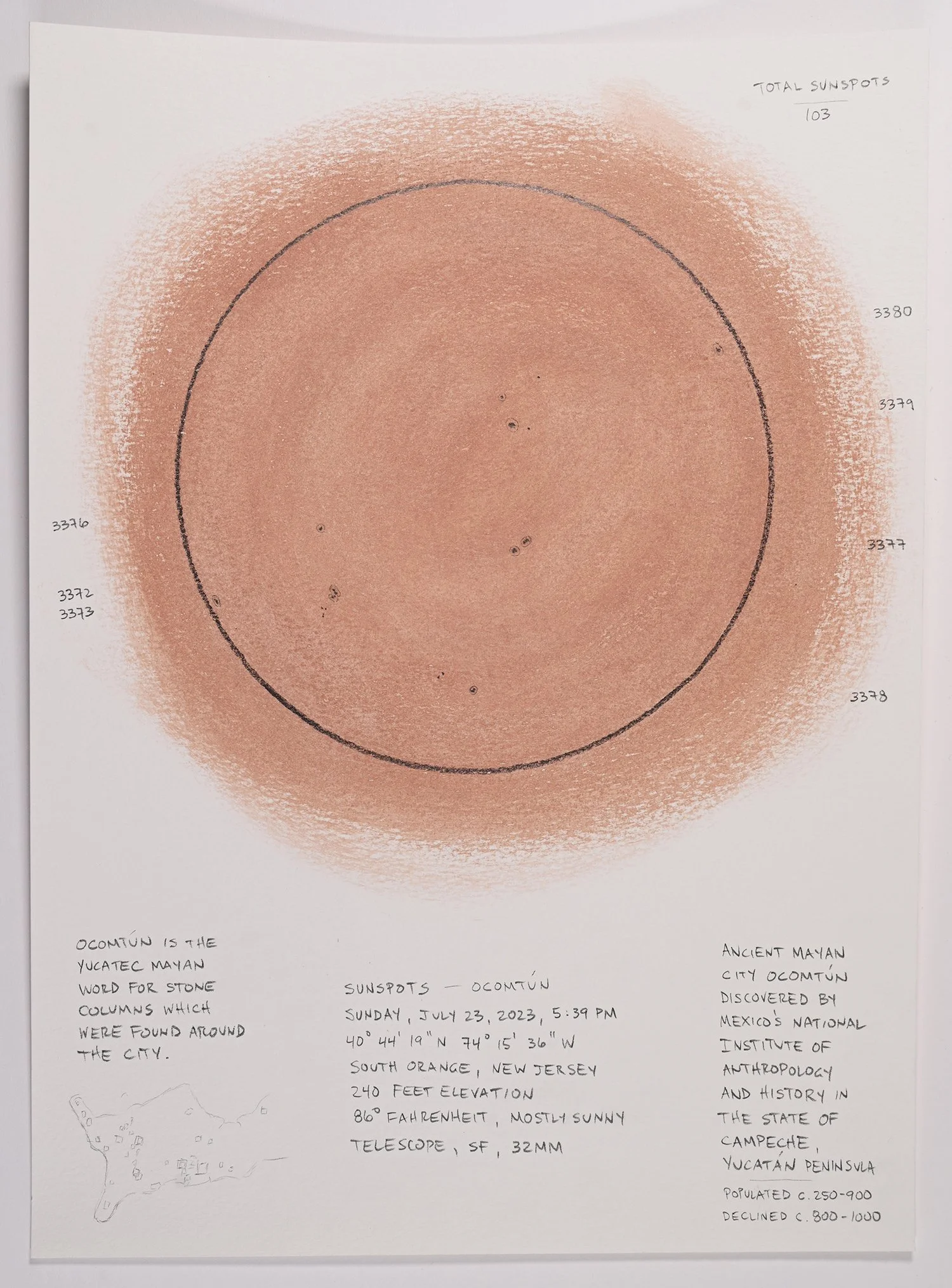 Matthew Deleget, Sunspots - Ocomtun, Sunday, July 23, 2023, 5:39pm, 2023, Gouache and graphite on cold press watercolor paper, 15 x 11 inches unframed, #793