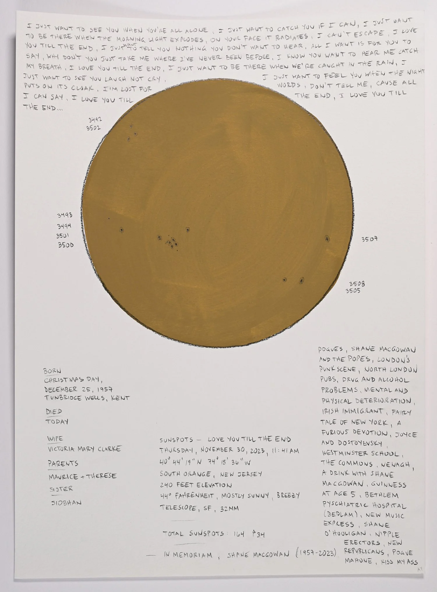 Matthew Deleget, Sunspots - Love You Till the End, Thursday, November 30, 2023, 11:41am, 2023, Gouache and graphite on cold press watercolor paper, 15 x 11 inches unframed, #805