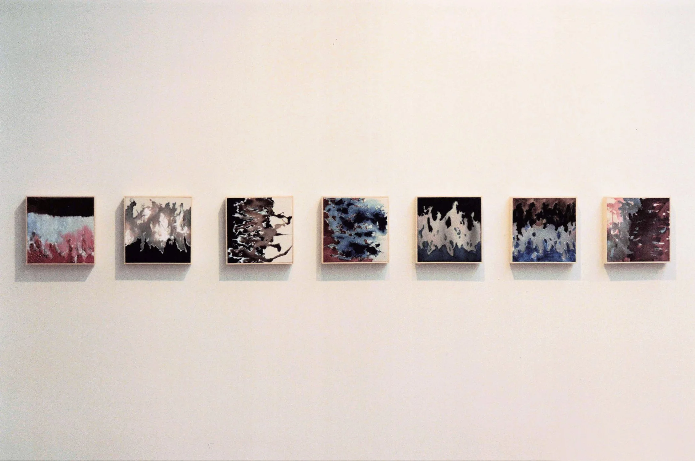 Matthew Deleget, Paintings, 1993-1994, Acrylic, ink, charcoal, and pencil on canvas, 12 x 12 inches each