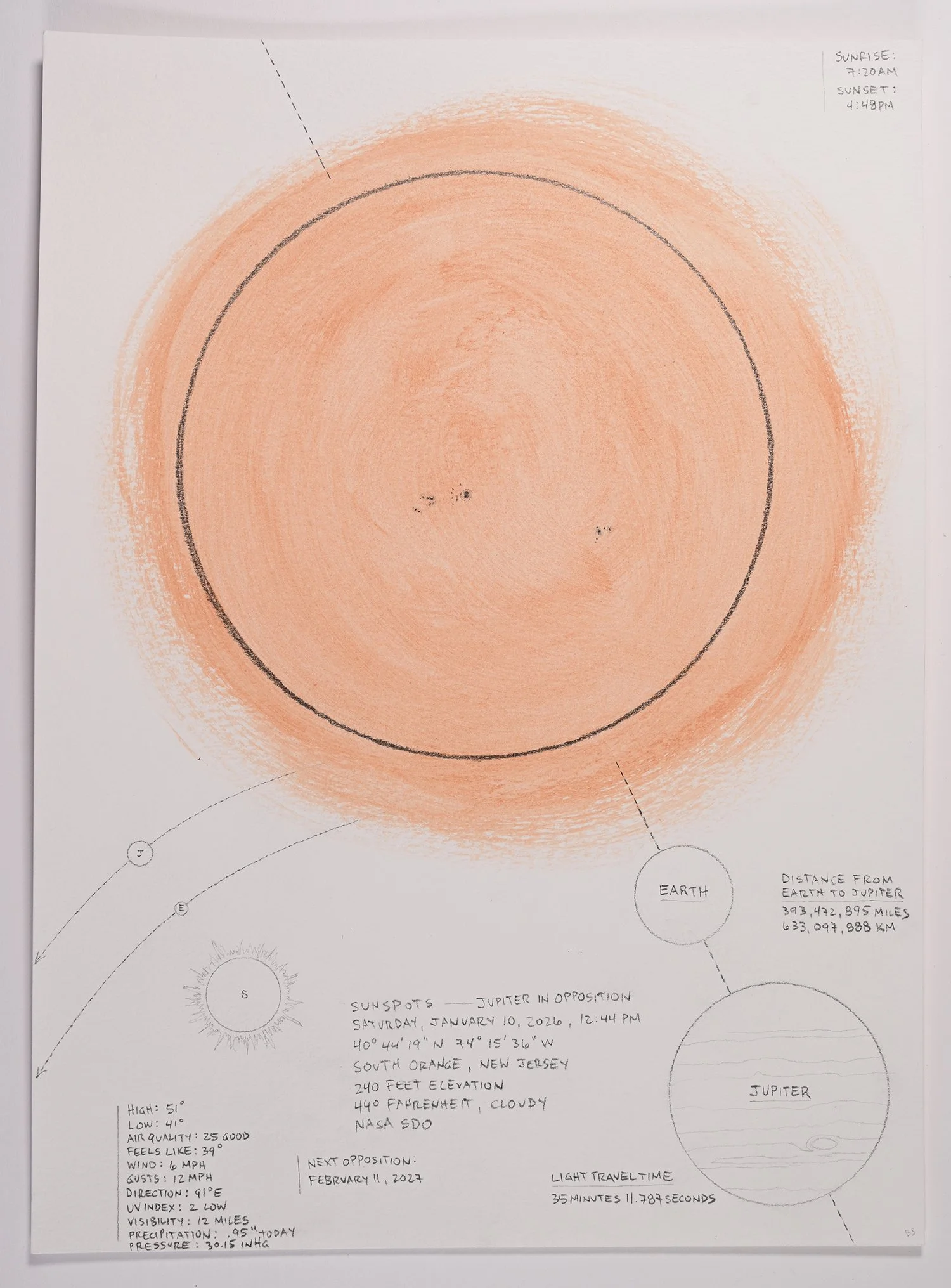 Matthew Deleget, Sunspots - Jupiter in Opposition, Saturday, January 10, 2026, 12:44pm, 2026, Gouache and graphite on cold press watercolor paper, 15 x 11 inches unframed, #824