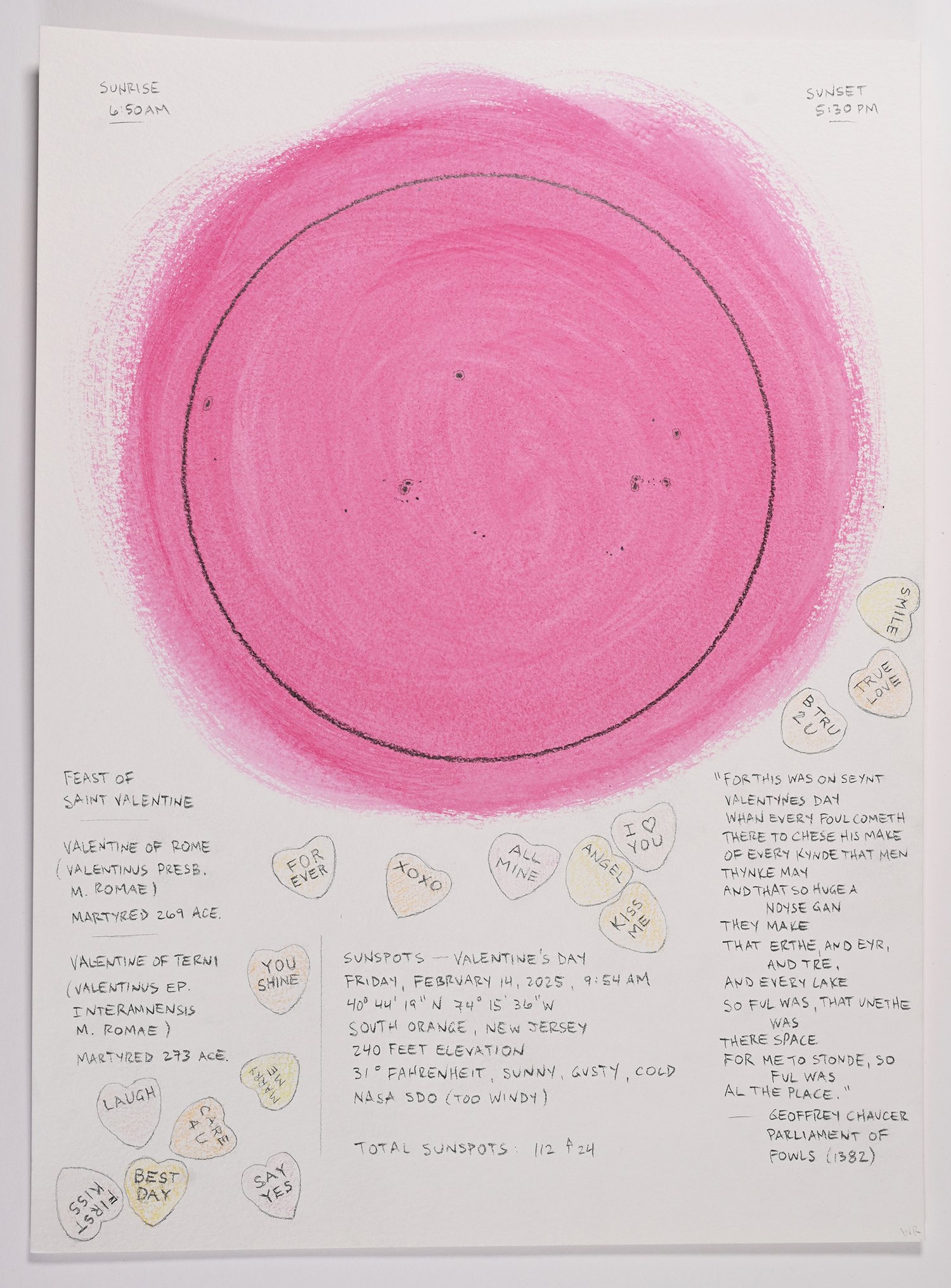 Matthew Deleget, Sunspots - Valentine's Day, Friday, February 14, 2025, 9:54am, 2025, Gouache and graphite on cold press watercolor paper, 15 x 11 inches unframed, #814