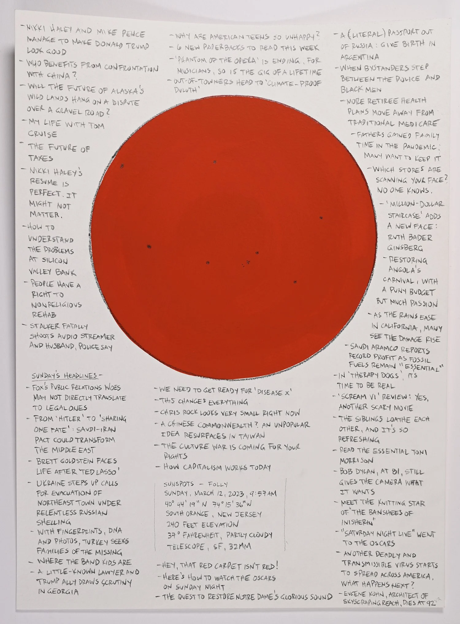 Matthew Deleget, Sunspots - Folly, Sunday, March 12, 2023, 9:57am, 2023, Gouache and graphite on cold press watercolor paper, 15 x 11 inches unframed, #766