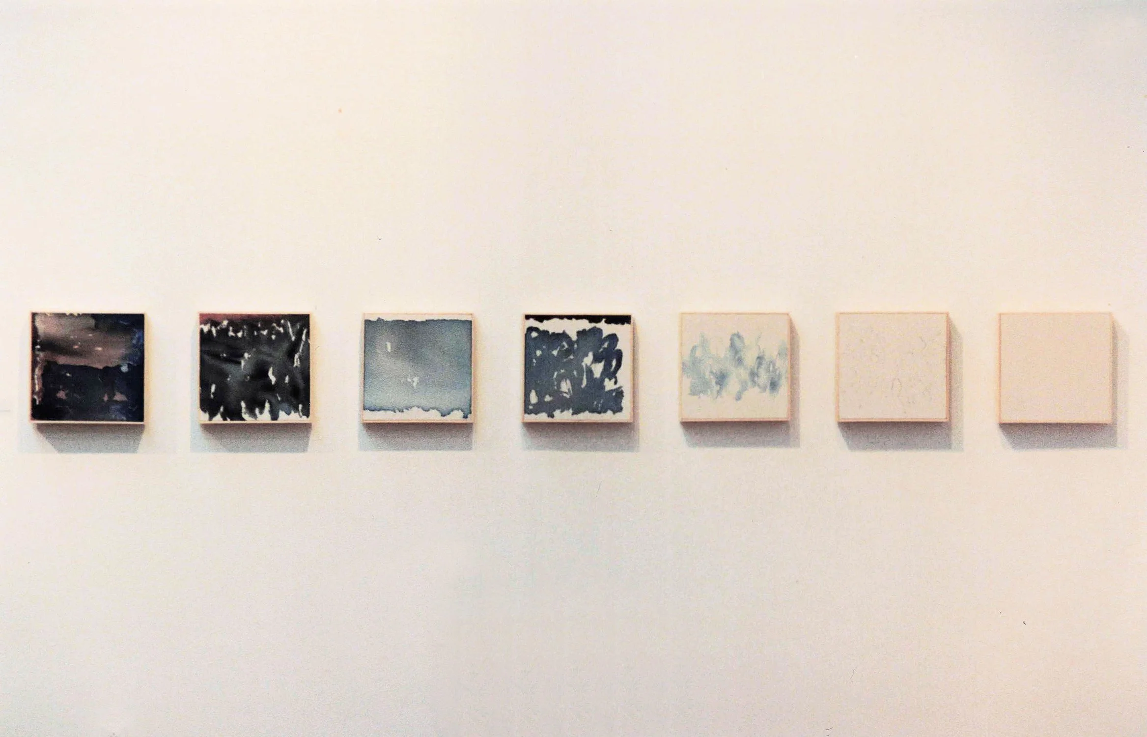 Matthew Deleget, Paintings, 1993-1994, Acrylic, ink, charcoal, and pencil on canvas, 12 x 12 inches each