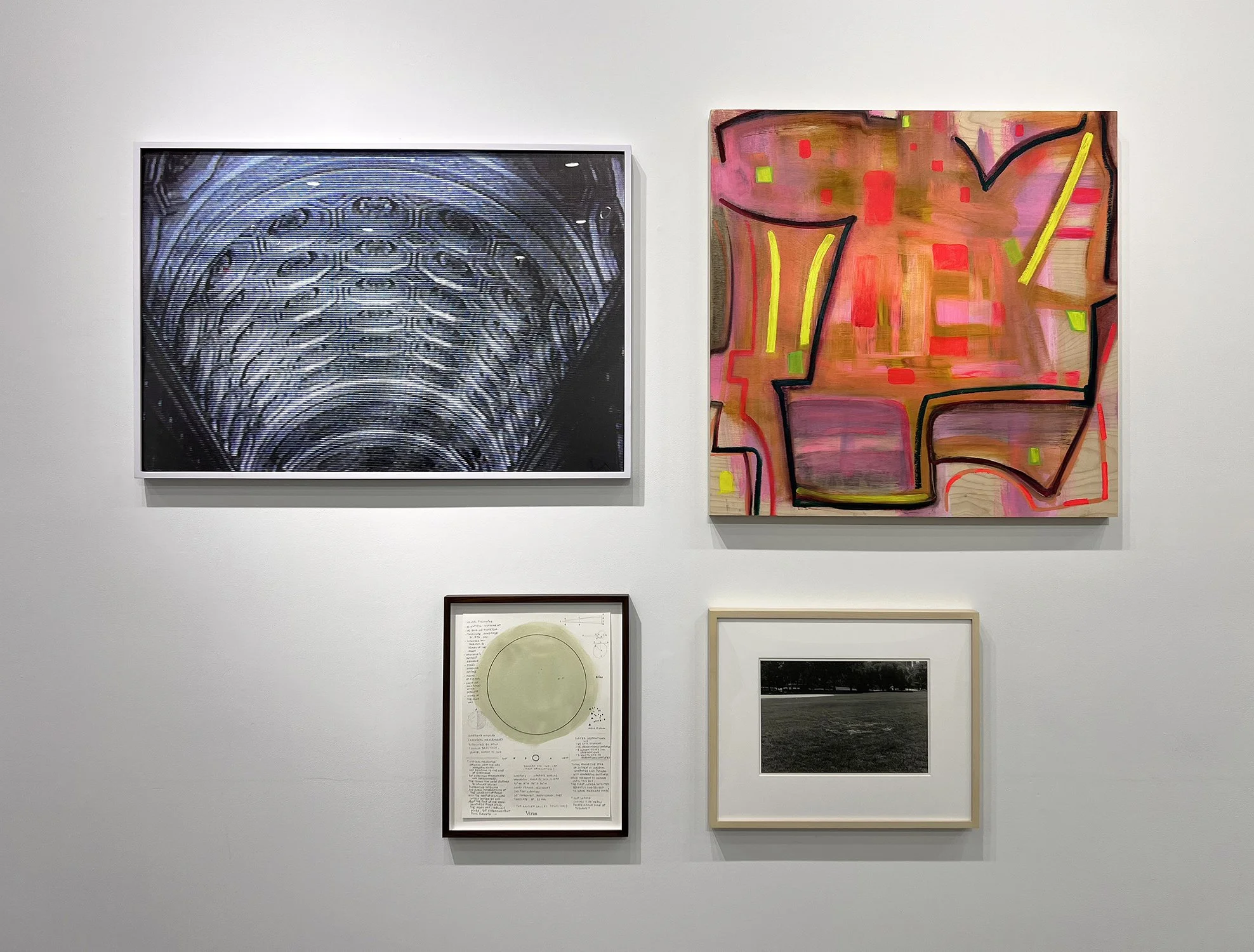 Exhibition view of Abstract by Definition: An Index -- American Abstract Artists 90th Anniversary Exhibition, Curated by Saul Ostrow, Art Cake, Brooklyn, NY, 2026 (clockwise from top left: Marvin Brown, Pinkney Herbert, Ed Shalala, Matthew Deleget)