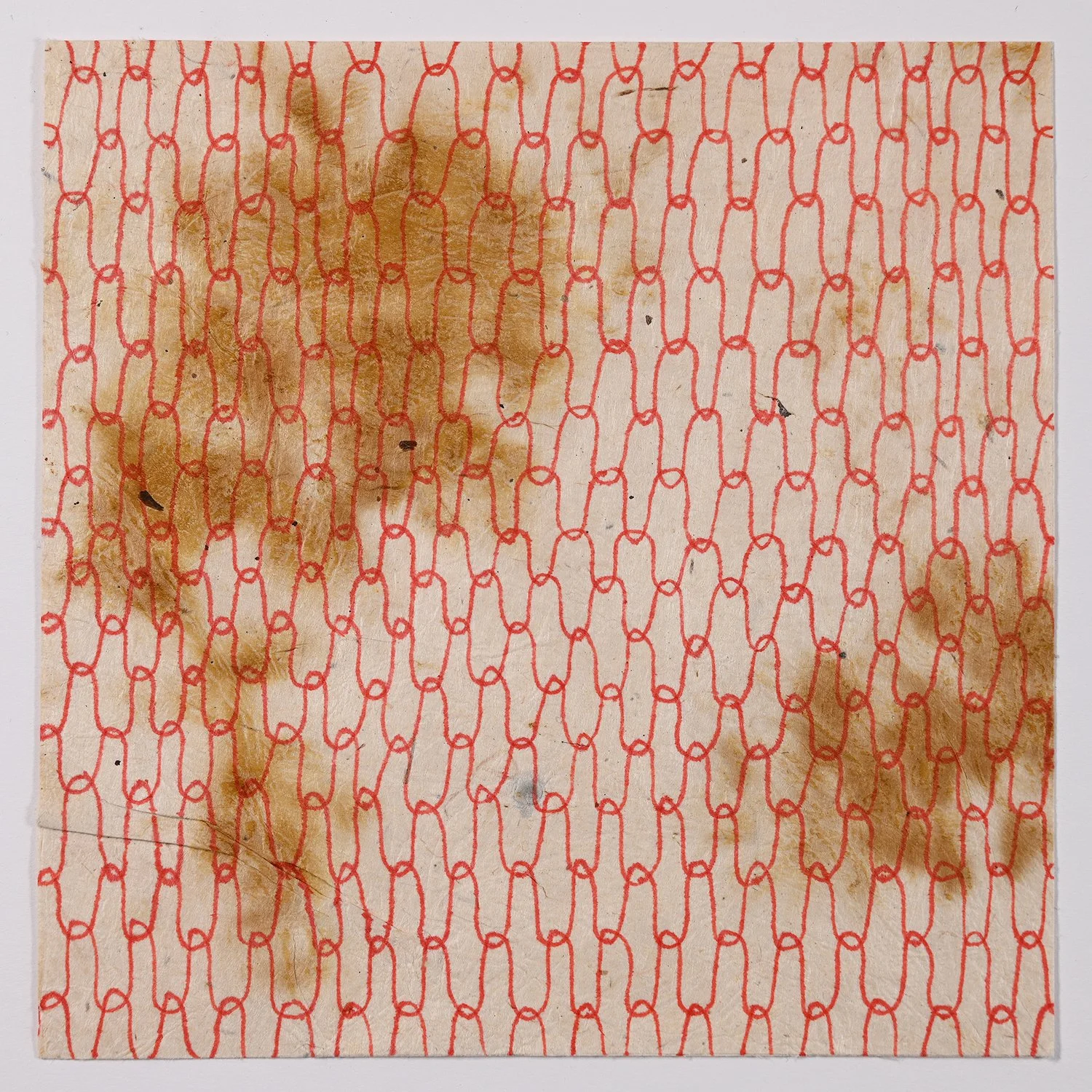 Matthew Deleget, Cosmic Fabric Study, c. 1995, Red ink on yellow and white stained handmade paper, 6 x 6 inches, #480
