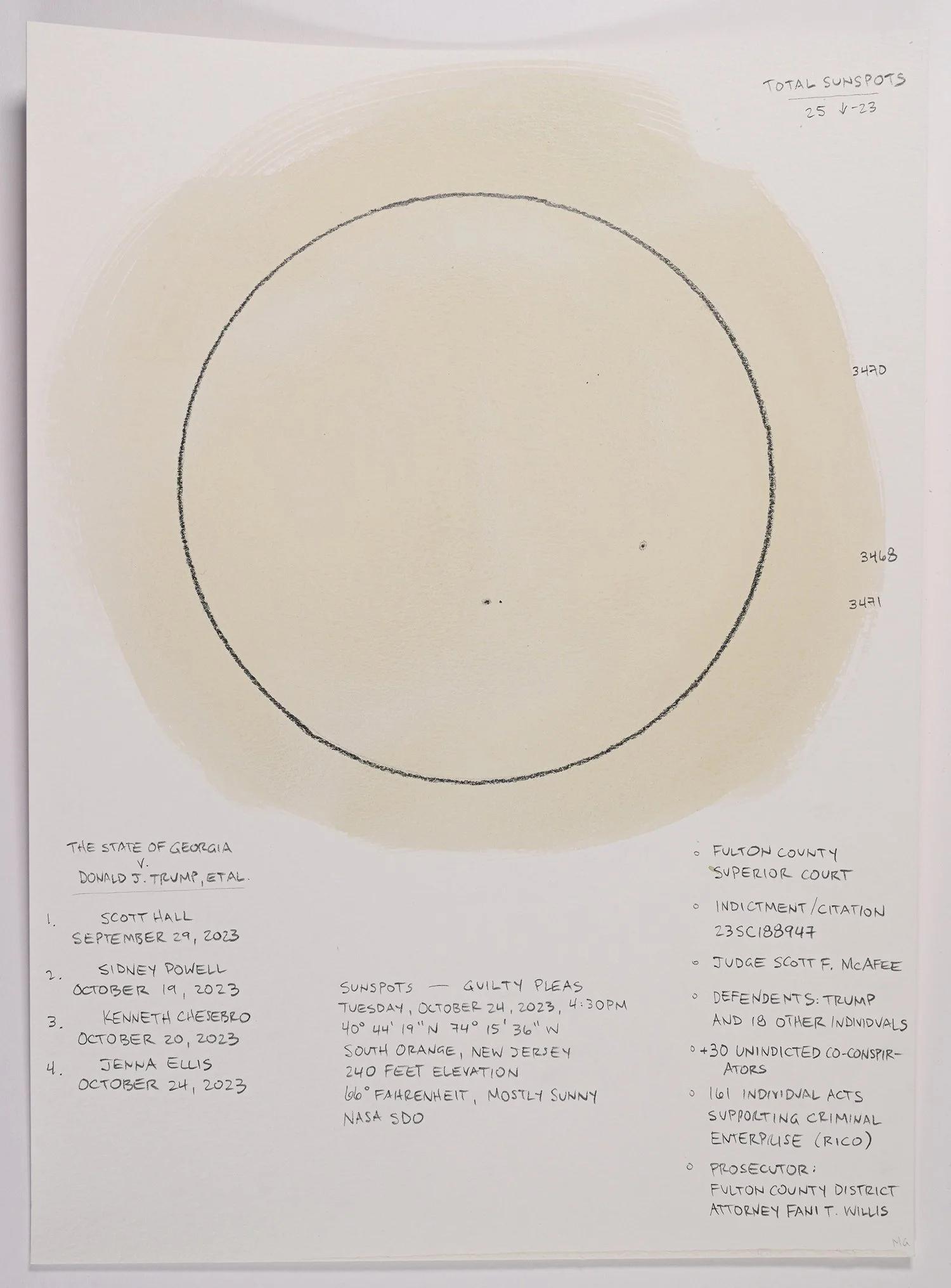 Matthew Deleget, Sunspots - Guilty Pleas, Tuesday, October 24, 2023, 4:30pm, 2023, Gouache and graphite on cold press watercolor paper, 15 x 11 inches unframed, #803