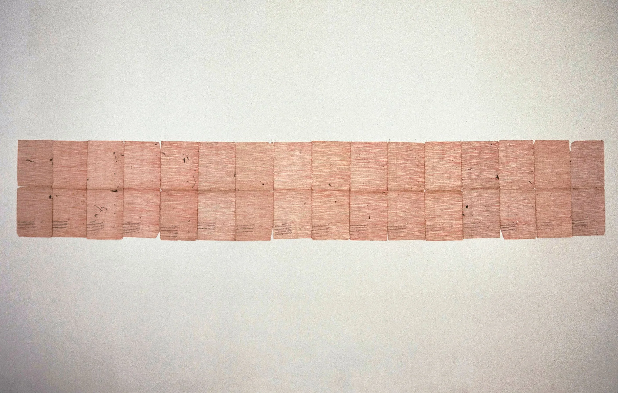 Matthew Deleget, Cosmic Radiation, 1997, Ink on 19th century ledger papers from Nepal, 18 x 107 inches, Private collection