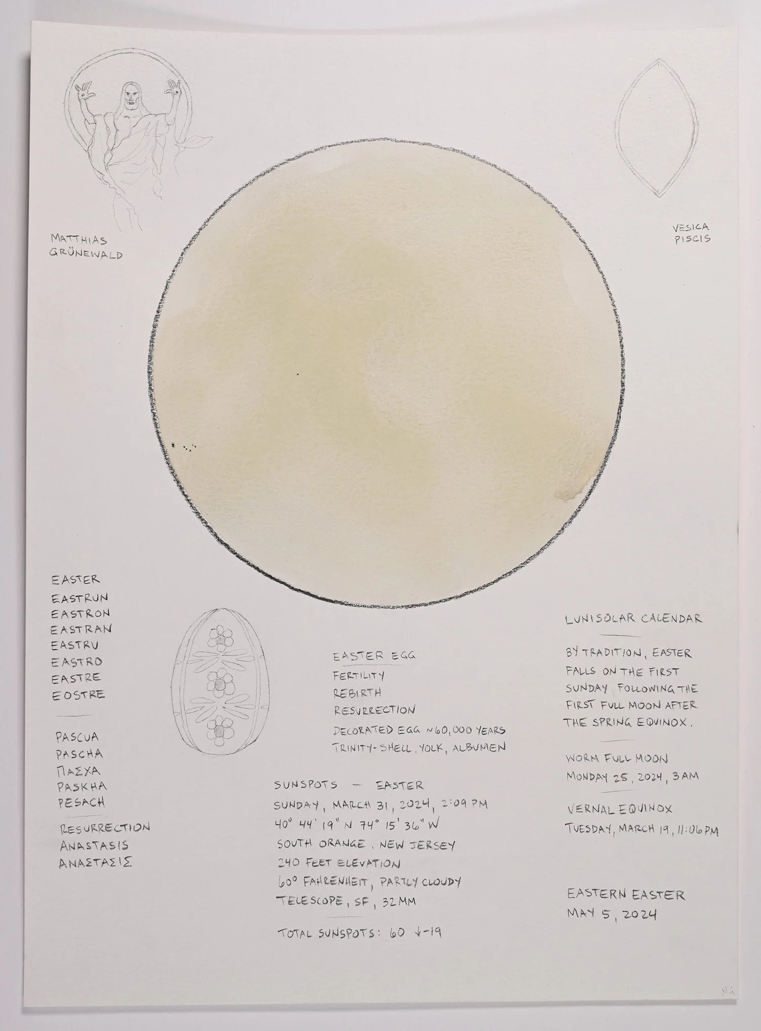 Matthew Deleget, Sunspots - Easter, Sunday, March 31, 2024, 2:09am, 2024, Gouache and graphite on cold press watercolor paper, 15 x 11 inches unframed, #809