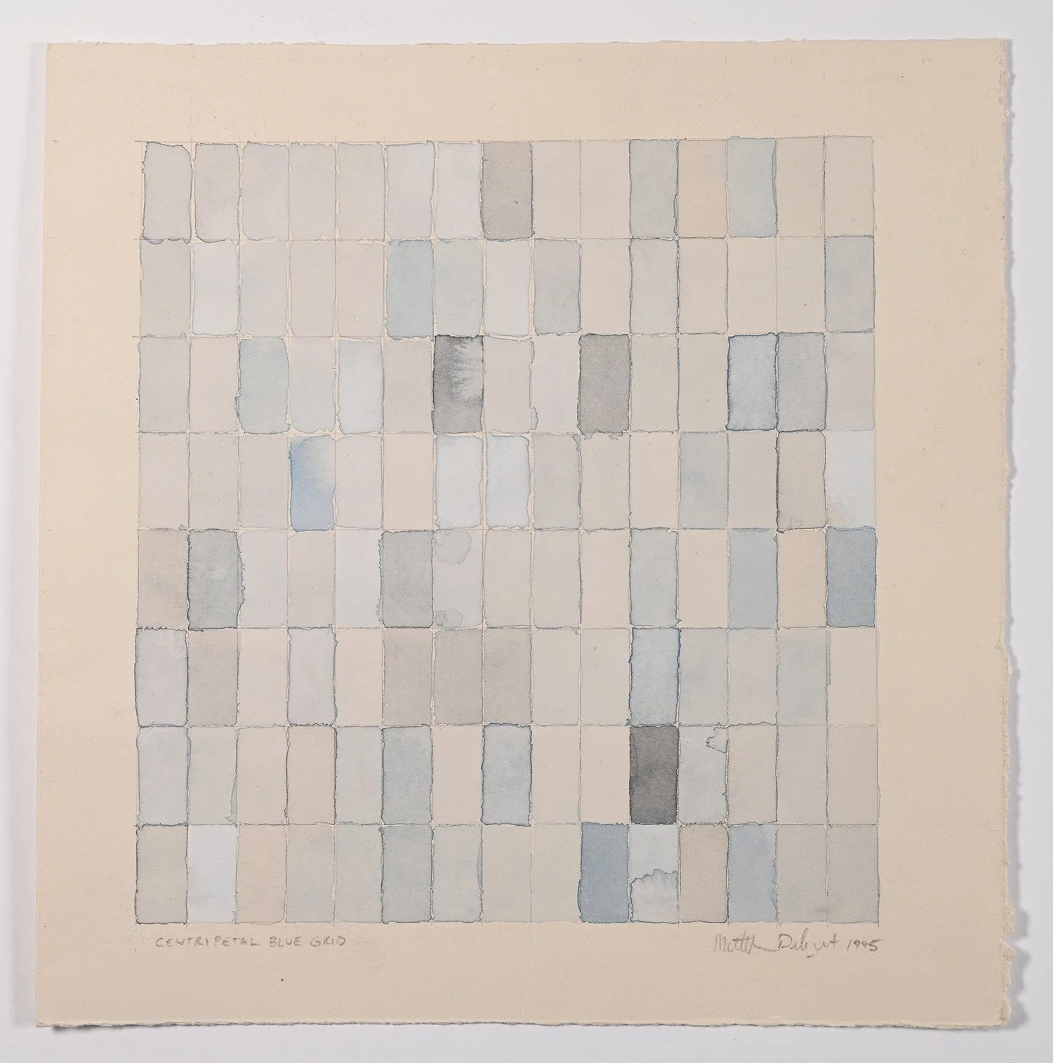 Matthew Deleget, Centripetal Blue Grid, 1995, Blue watercolor and pencil on cream paper, 10 x 9.75 inches, #247