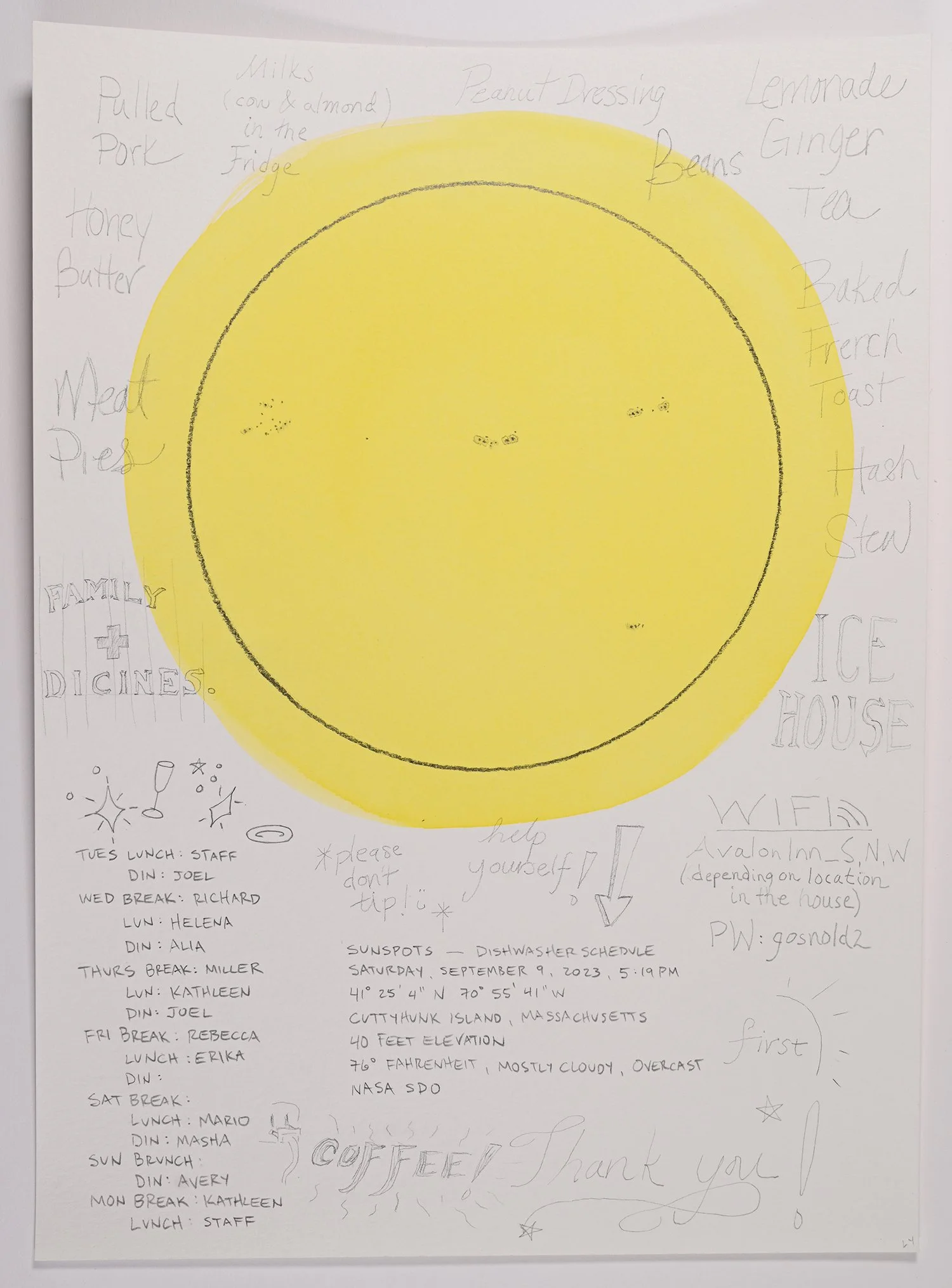 Matthew Deleget, Sunspots - Dishwasher Schedule, Saturday, September 9, 2023, 5:19pm, 2023, Gouache and graphite on cold press watercolor paper, 15 x 11 inches unframed, #800