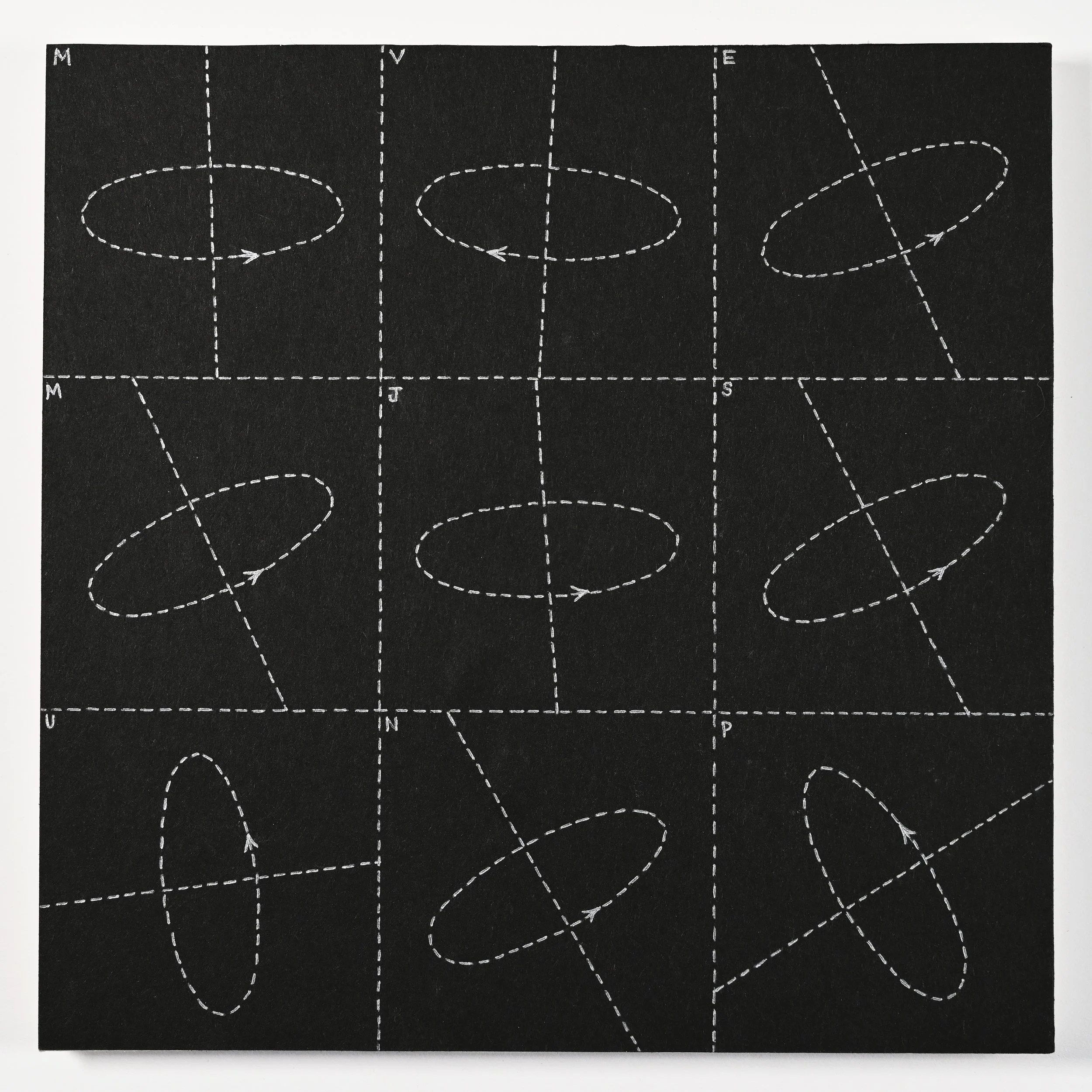 Matthew Deleget, Diagram of the Planetary Inclinations, 1998, Silver ink on black paper mounted on foamcore, 7.5 x 7.5 inches, #387