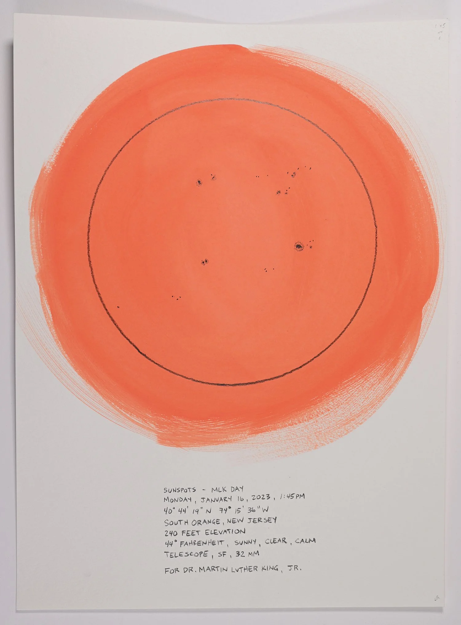 Matthew Deleget, Sunspots - MLK Day, Monday, January 16, 2023, 1:45pm, 2023, Gouache and graphite on cold press watercolor paper, 15 x 11 inches unframed, #746