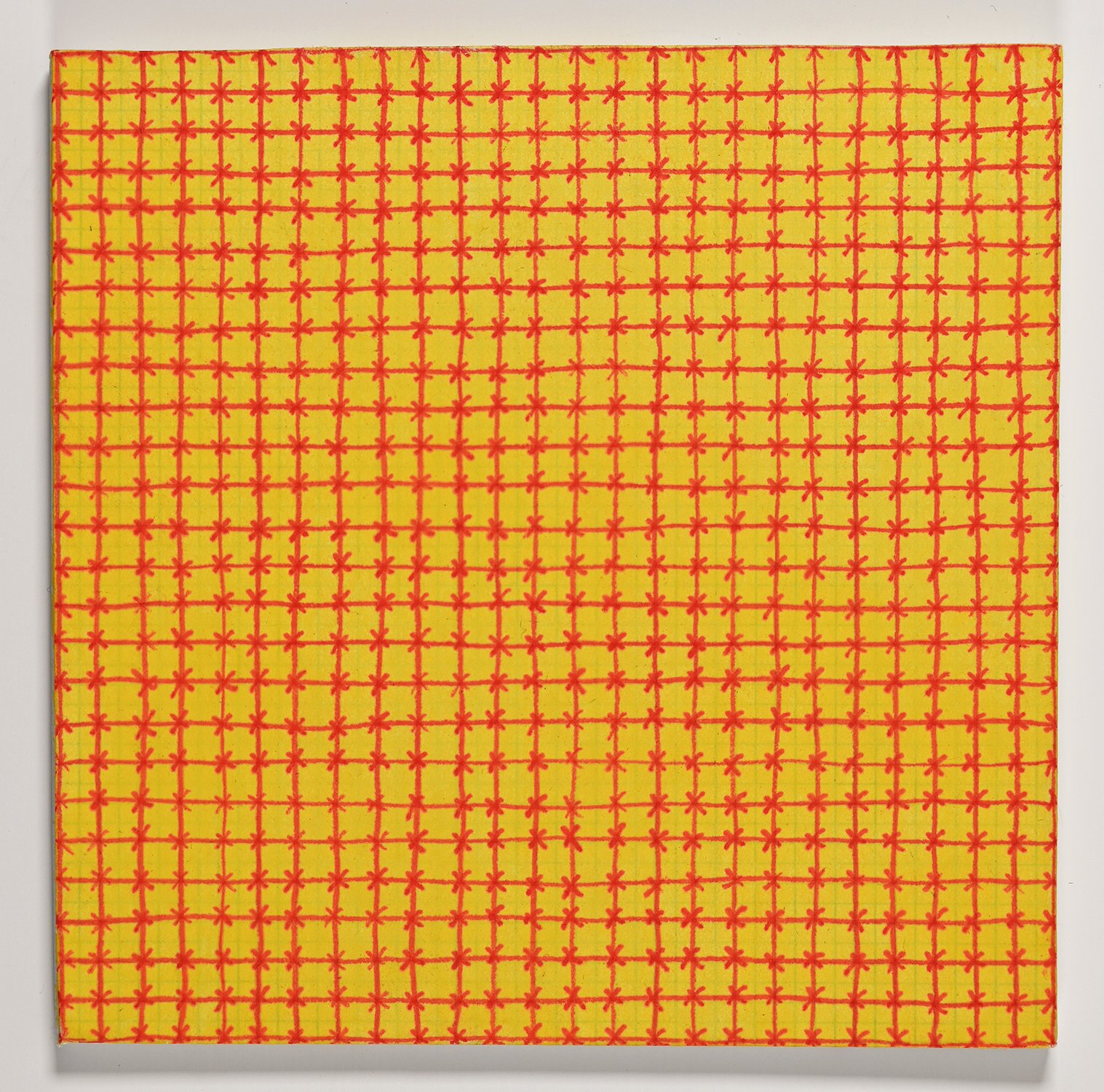 Matthew Deleget, Surface of the Sun Study, 1998, Red and yellow on graph paper mounted on cardboard, 5 x 5 inches, #998
