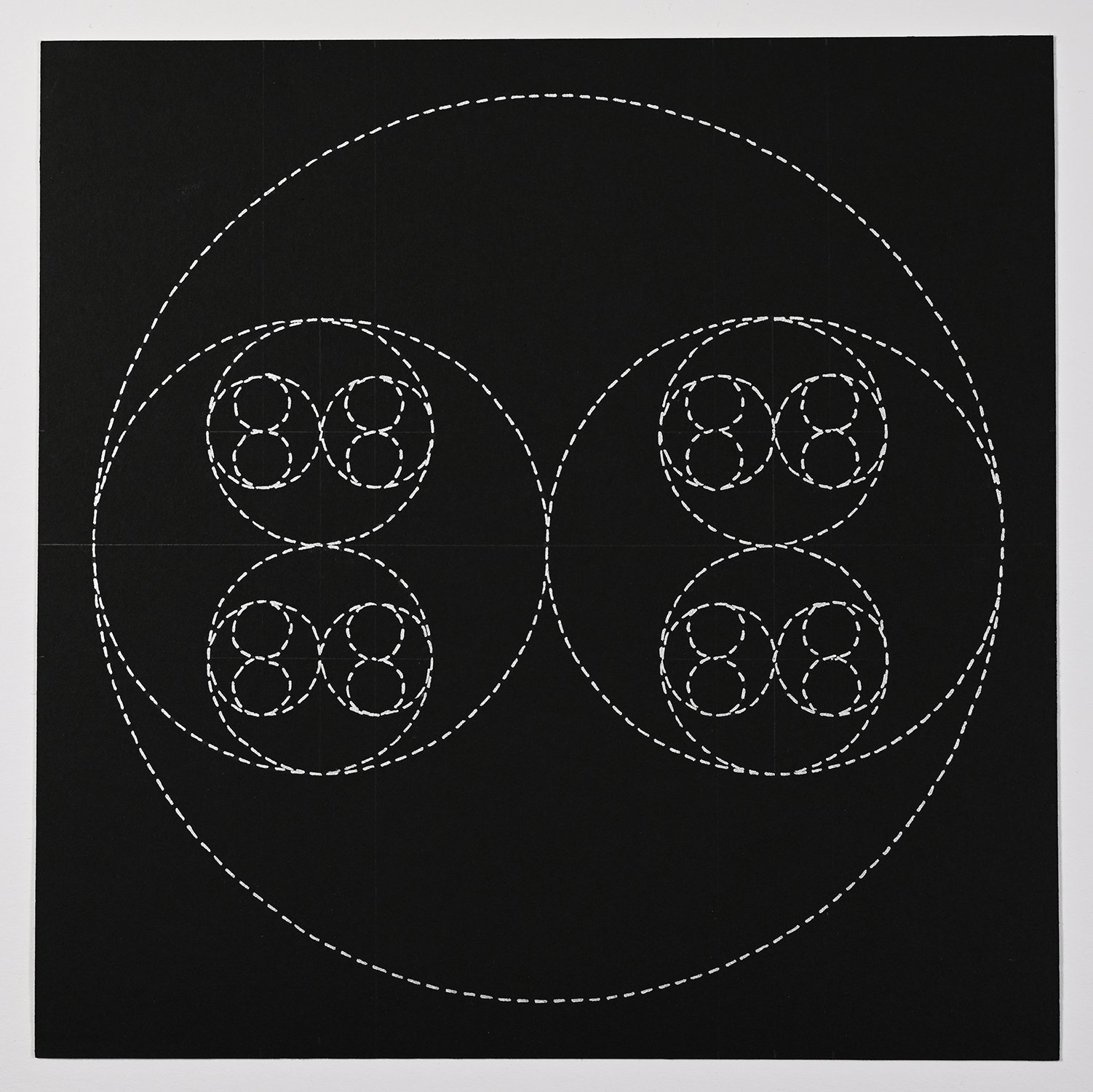 Matthew Deleget, Halving and Rotating (Study), 2000, Silver metallic ink and pencil on black paper, 9 x 9 inches, #226