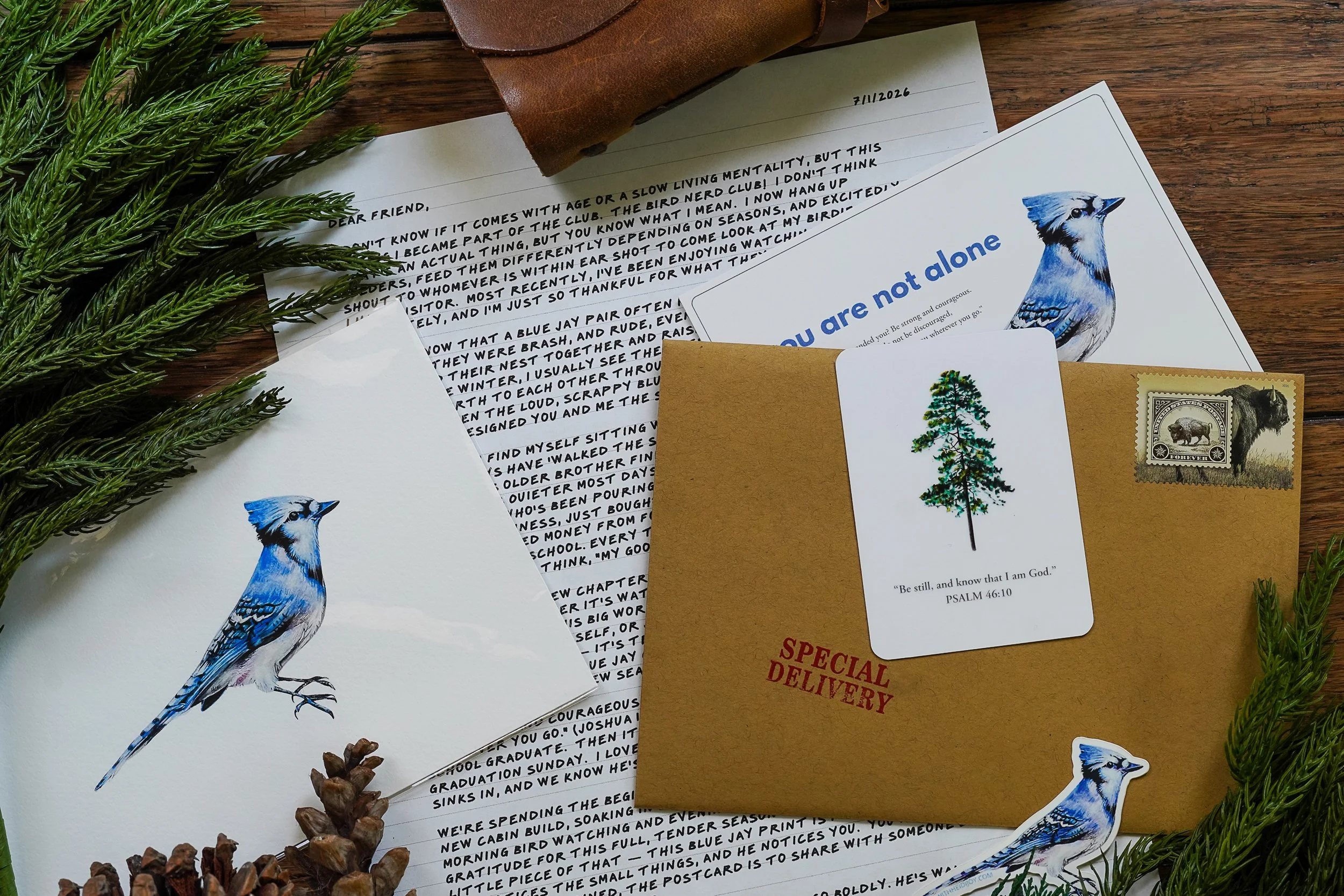 The OUT Post seasonal snail mail subscription featuring a hand-painted blue jay watercolor print, a faith-based letter, and a pass-along postcard for Christian women
