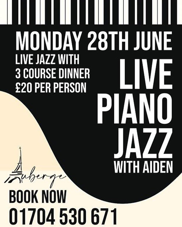 @ag_piano will be @aubergesouthport on Monday 28th June for a jazz evening. For a reservation please call the restaurant on 01704530671. #jazz #frenchbistro #goodfood #goodwine #staylocal #southport