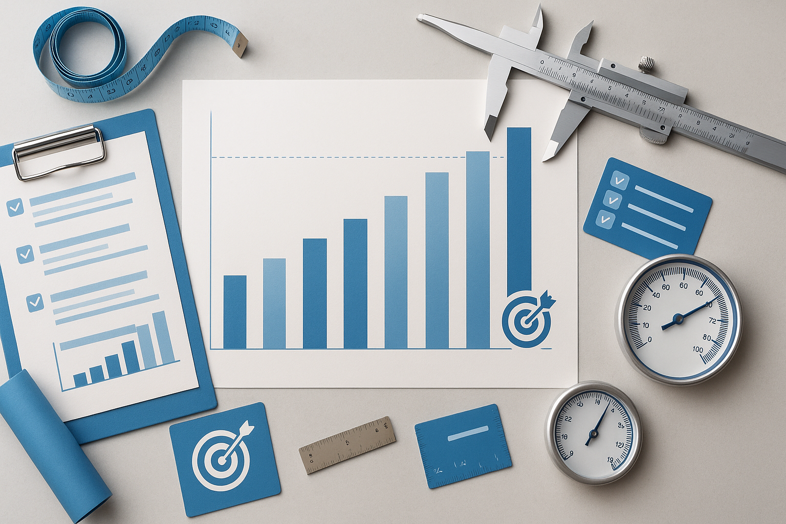 A collection of tools and charts related to data analysis and goal setting, including a blue rising bar graph on paper, a clipboard with checklists, a caliper, a ruler, a stopwatch, a blue card with a checkmark list, a roll of blue paper, and a target with an arrow.