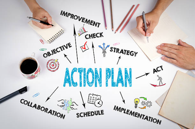 A desk with a map, a compass, a paper with a roadmap, a chess knight, a pen, a graph, and a planner, with the words "Strategic Planning" displayed.