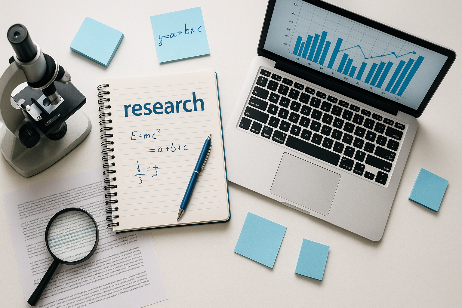 Research workspace with a microscope, a notebook labeled 'research' with scientific formulas, sticky notes, a magnifying glass, a laptop displaying a graph, and printed documents.