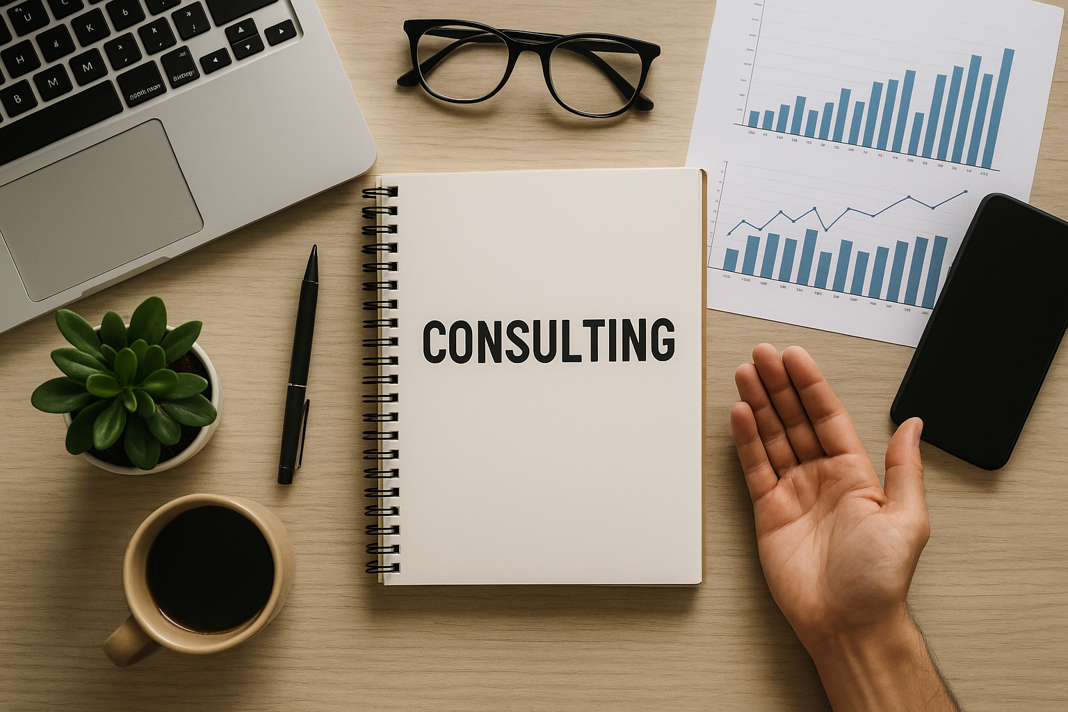 A desk with a laptop, a potted plant, a coffee cup, a notebook with 'Consulting' on the cover, a pen, glasses, printed graphs, and a smartphone.