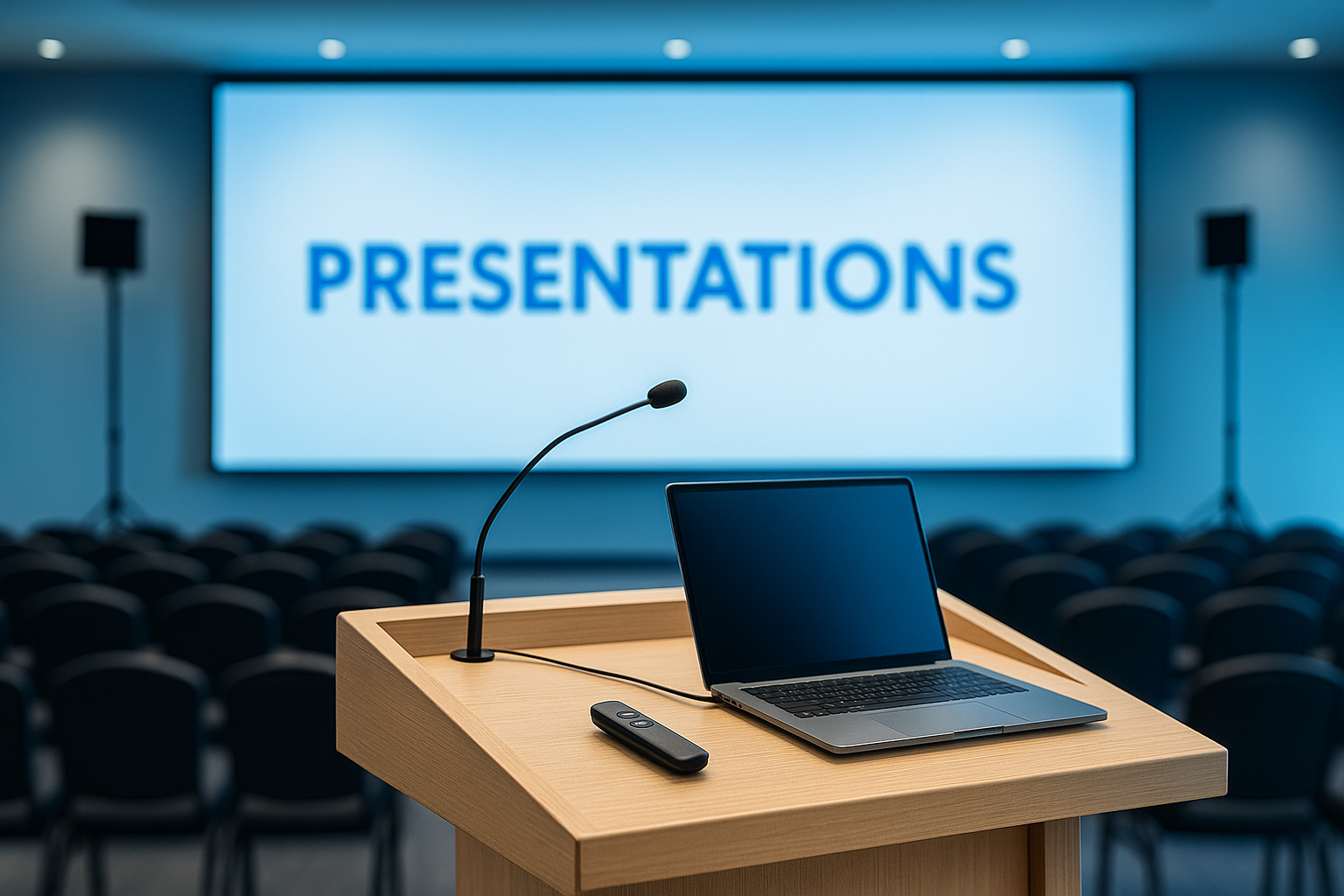 A conference room with a wooden podium, a microphone, a laptop, and a presenter remote. There is a large screen in the background displaying the word 'Presentations' and rows of chairs in the room.