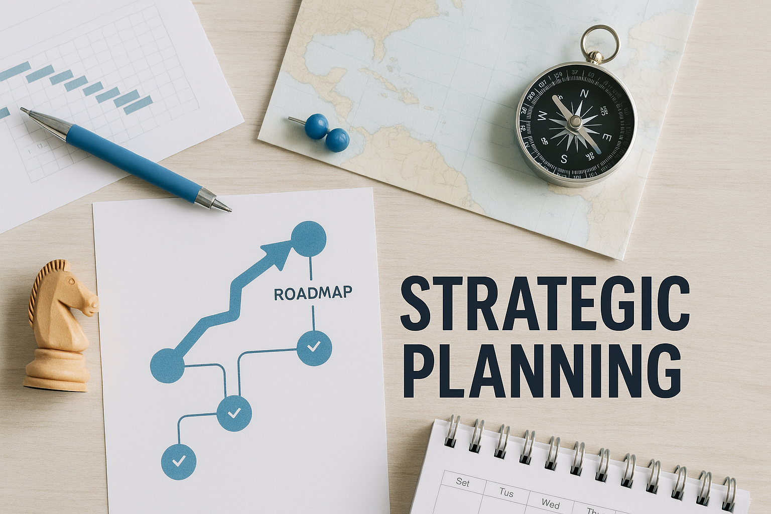 A desk with a map, a compass, a paper with a roadmap, a chess knight, a pen, a graph, and a planner, with the words "Strategic Planning" displayed.