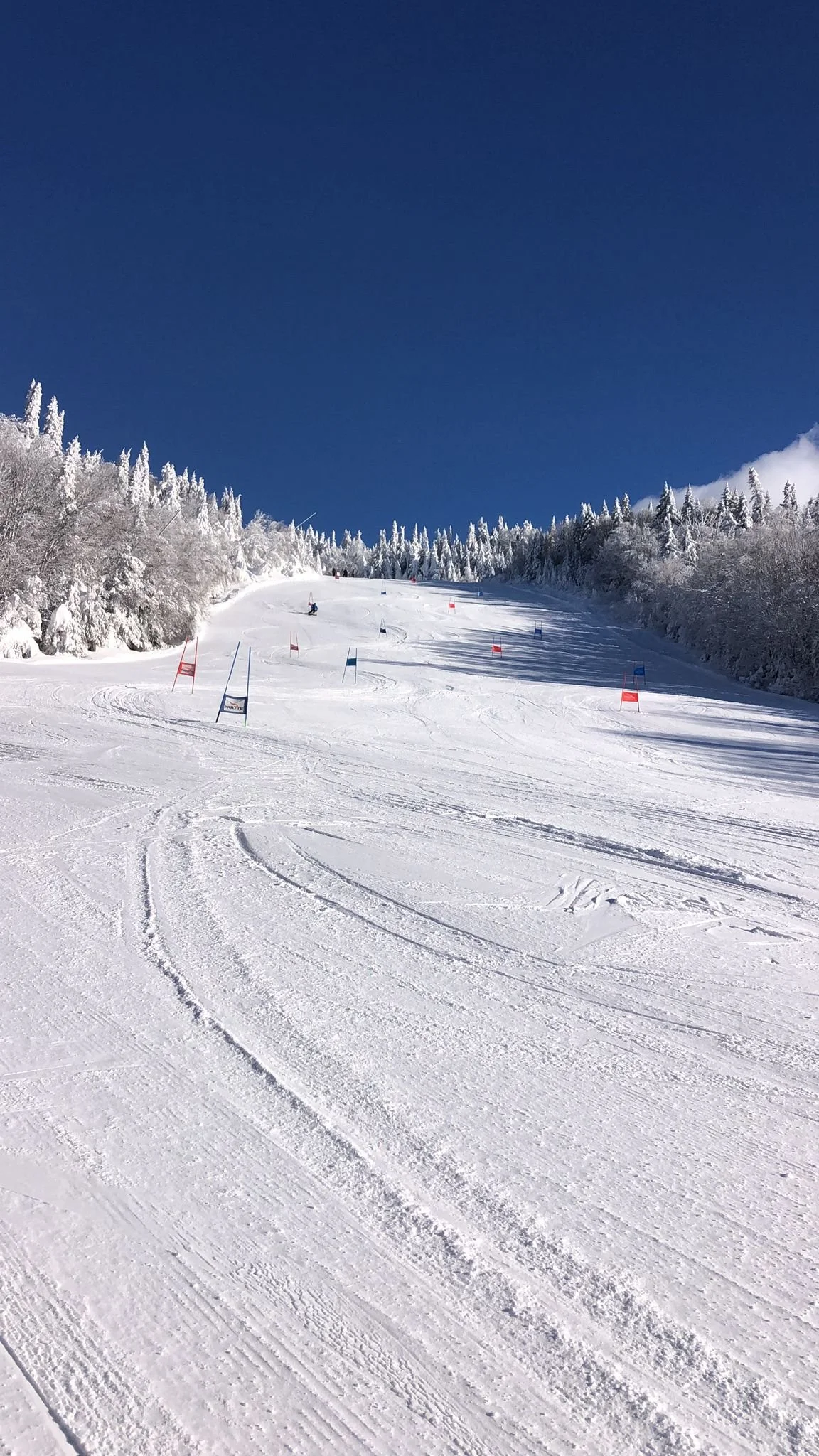 Young ski racer navigating slalom gates during Pratte International training session at Mont-Tremblant