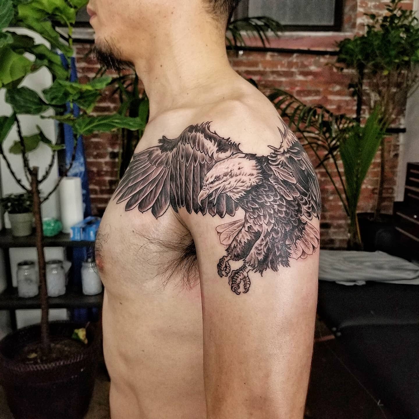 Bald eagle for P who flew in all the way from Shanghai to get this tattoo done. 
Much respect and admiration for the dedication of my clients who inspire me with their ideas and commitments. 
Very happy with how this turned out.
Sat like a total cham