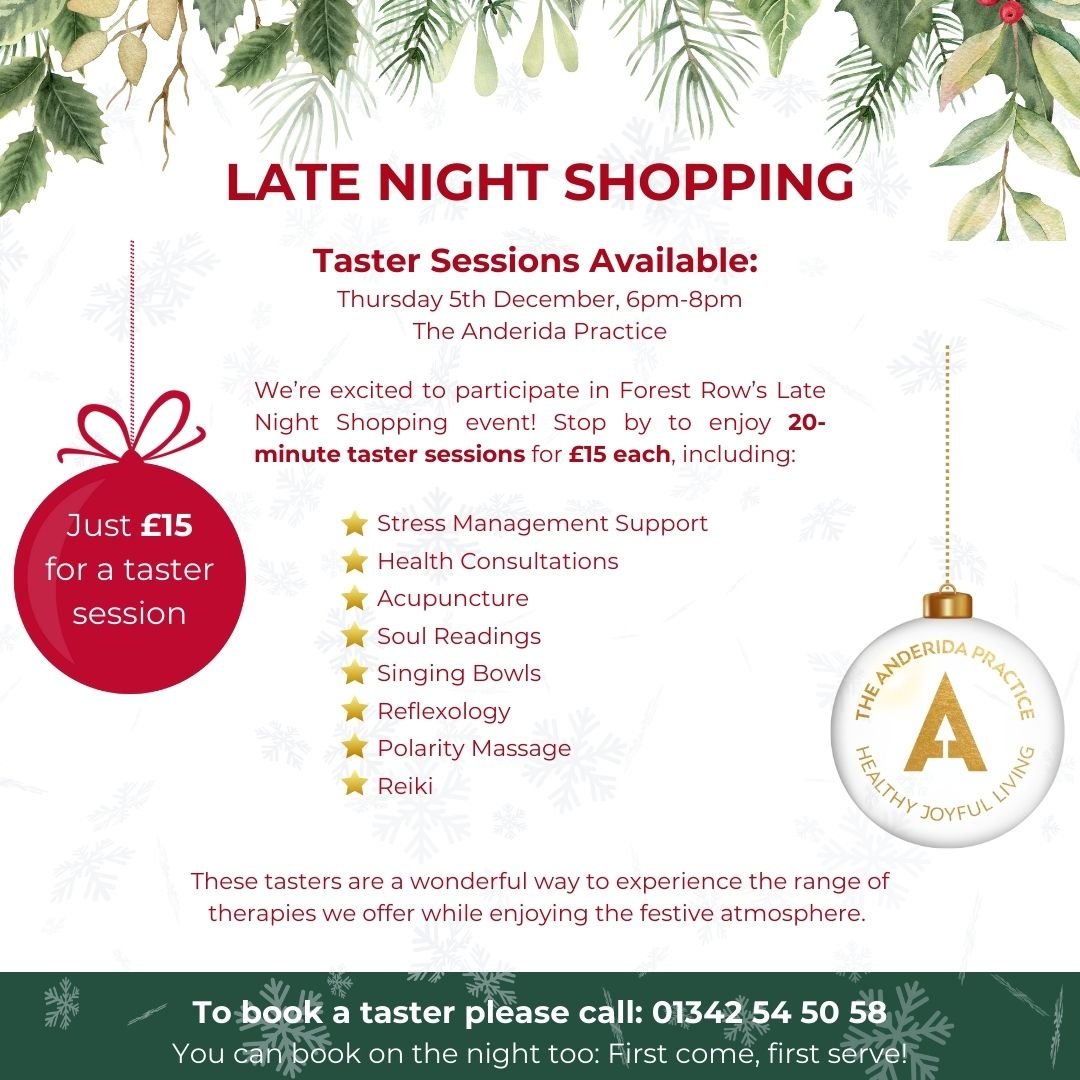 Late Night Shopping this Thursday 🎄

⭐Taster Sessions Available: 6-8pm, Thurs 5th Dec⭐

We&rsquo;re excited to participate in Forest Row&rsquo;s Late Night Shopping event! Stop by to enjoy 20-minute taster sessions for &pound;15 each, including:

⭐S