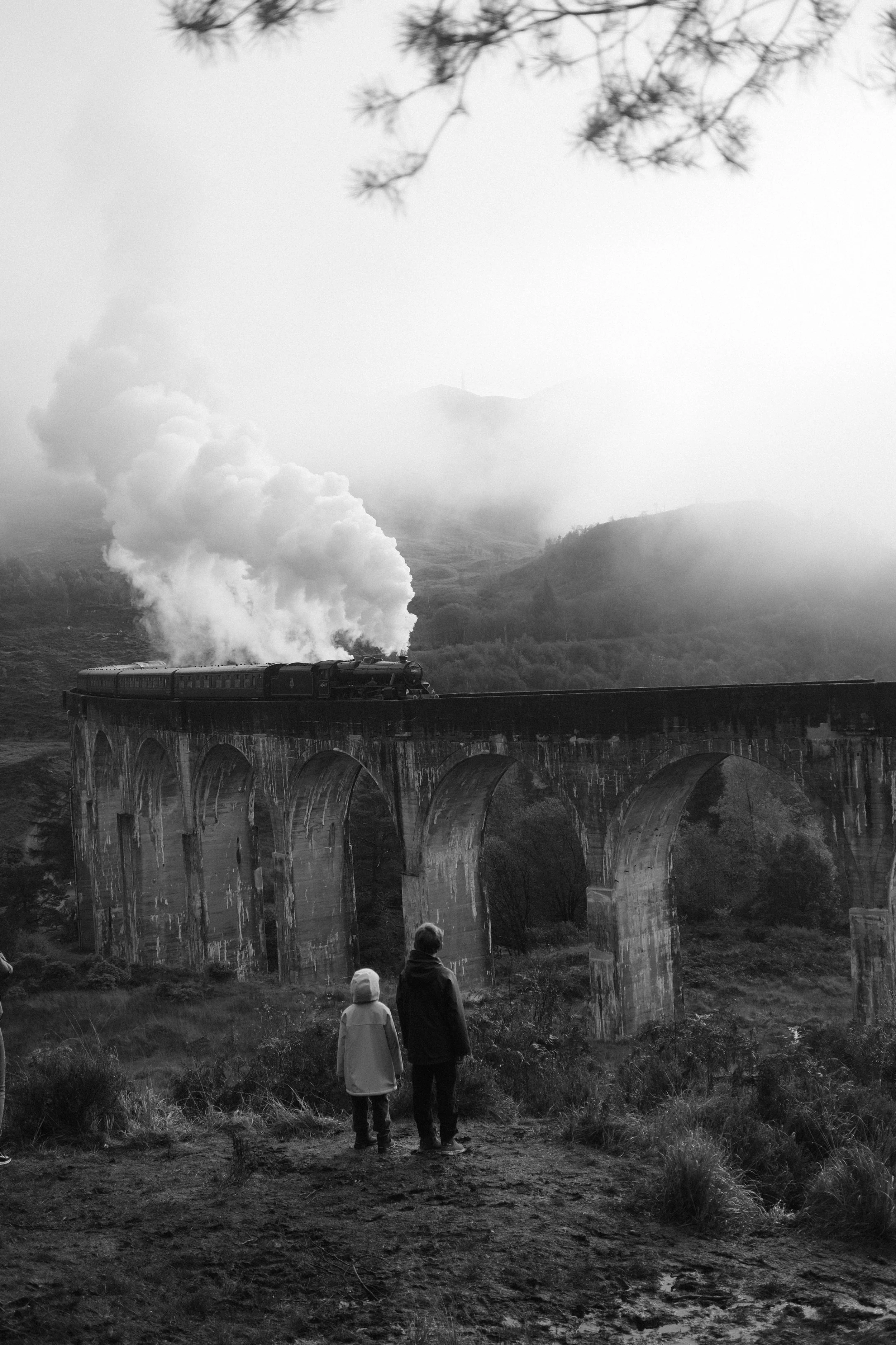 Une photo en noir et blanc d'un train à vapeur traversant un pont en pierre au-dessus d'une vallée, avec deux personnes en premier plan regardant le train. Le paysage est vallonné avec des montagnes en arrière-plan, et il y a des branches d'un arbre 