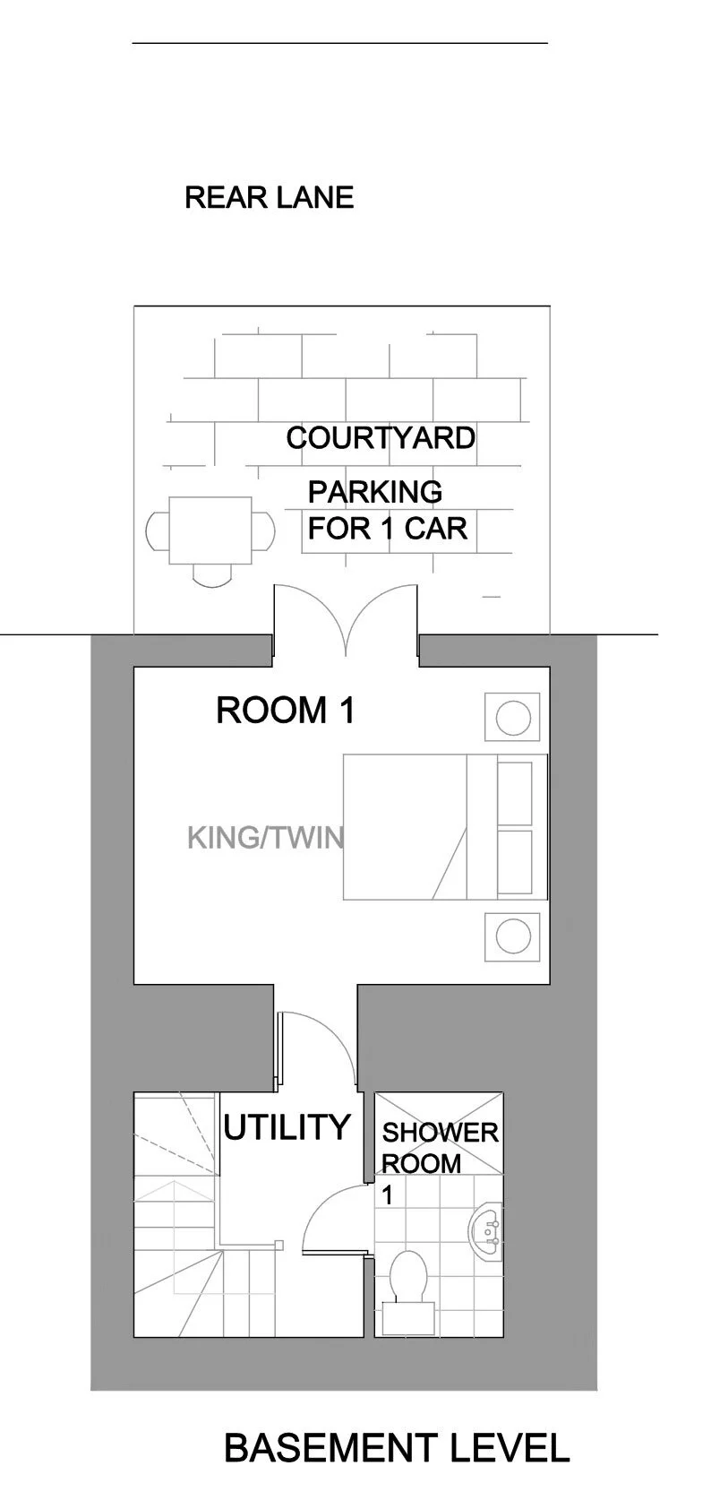 Basement level floor plan with a courtyard featuring parking for one car, Room 1 with king/twin bed, a utility room, and a shower room.