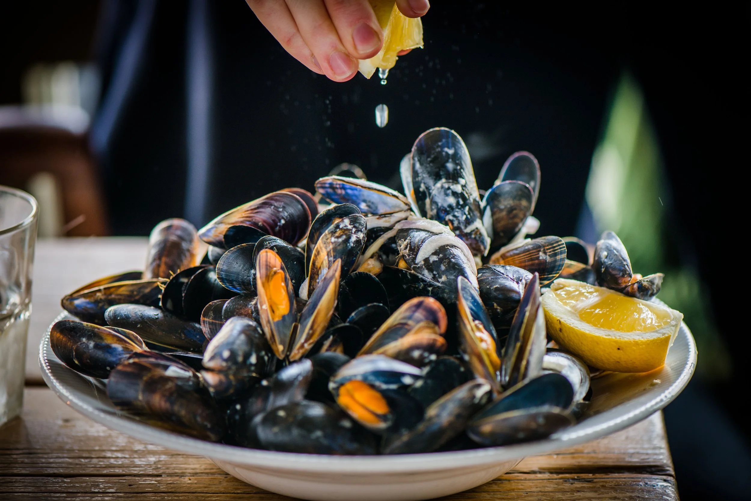 A plate of cooked mussels with lemon wedges and a hand squeezing lemon over them.