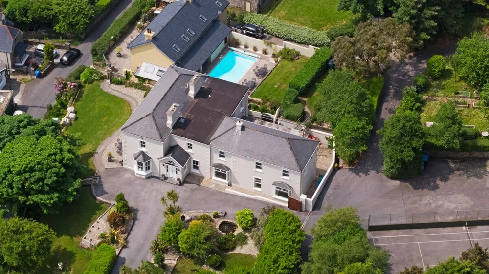 Aerial view of Sunnybank House, a large group holiday home with a private swimming pool in Clifden, Connemara.