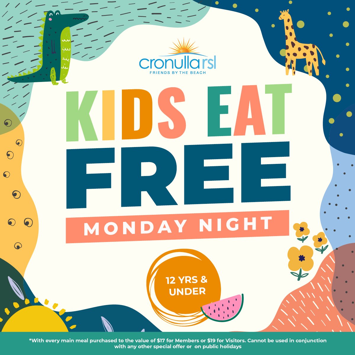 🎉 This one is for the parents! 🎉

Join us for an unforgettable family night every Monday at Cronulla RSL because Kids Eat FREE! That's right, children 12 years and under dine on us when you purchase any main meal priced at $17 for members or $19 fo