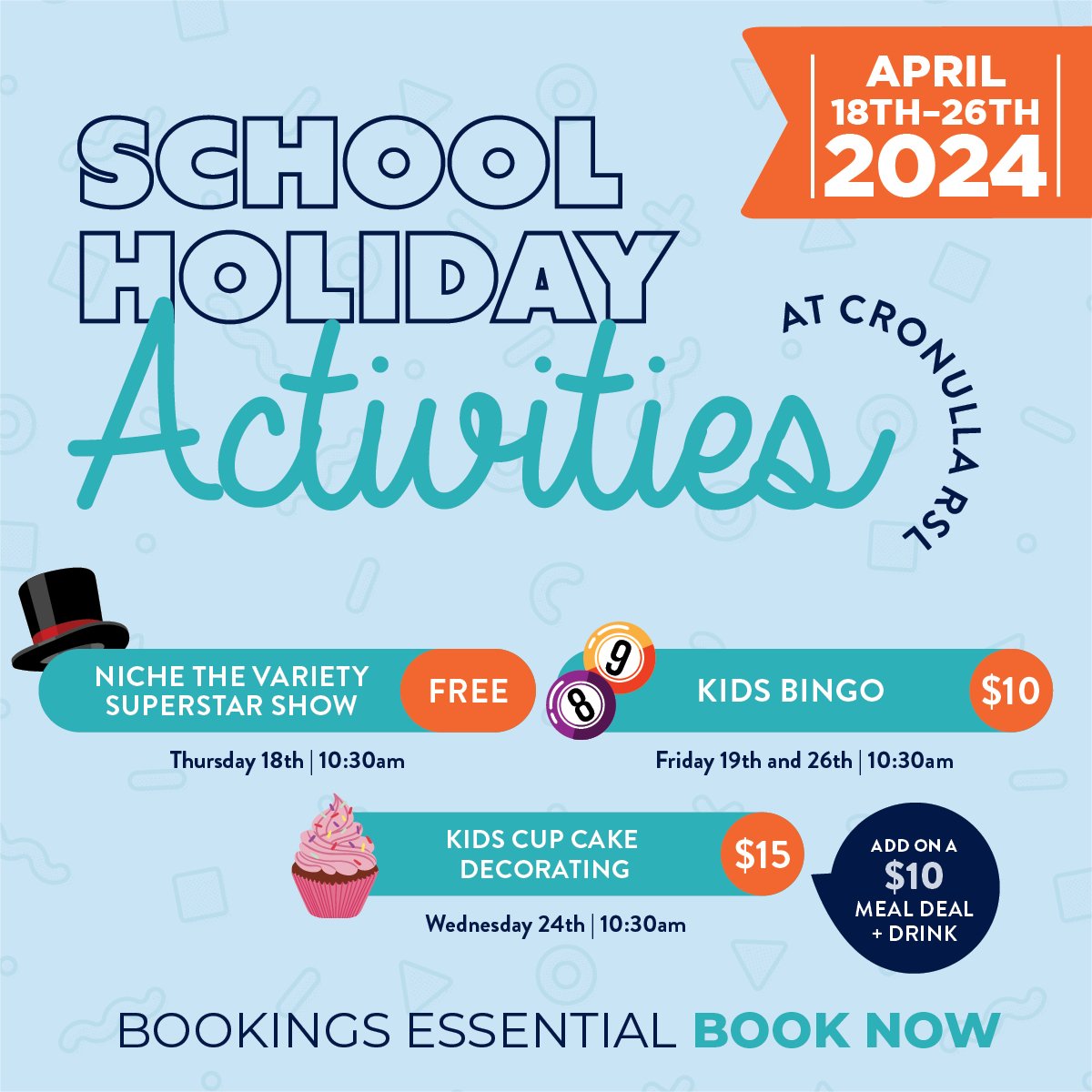 School Holiday is finally happening and we have so many things planned for your little ones to enjoy from 18-26th April. 

1. Niche the Variety Superstar Show, Thursday 18th from 10.30am
2. Kids Bingo, Friday 19th and 26th from 10.30am
3. Kids Cupcak