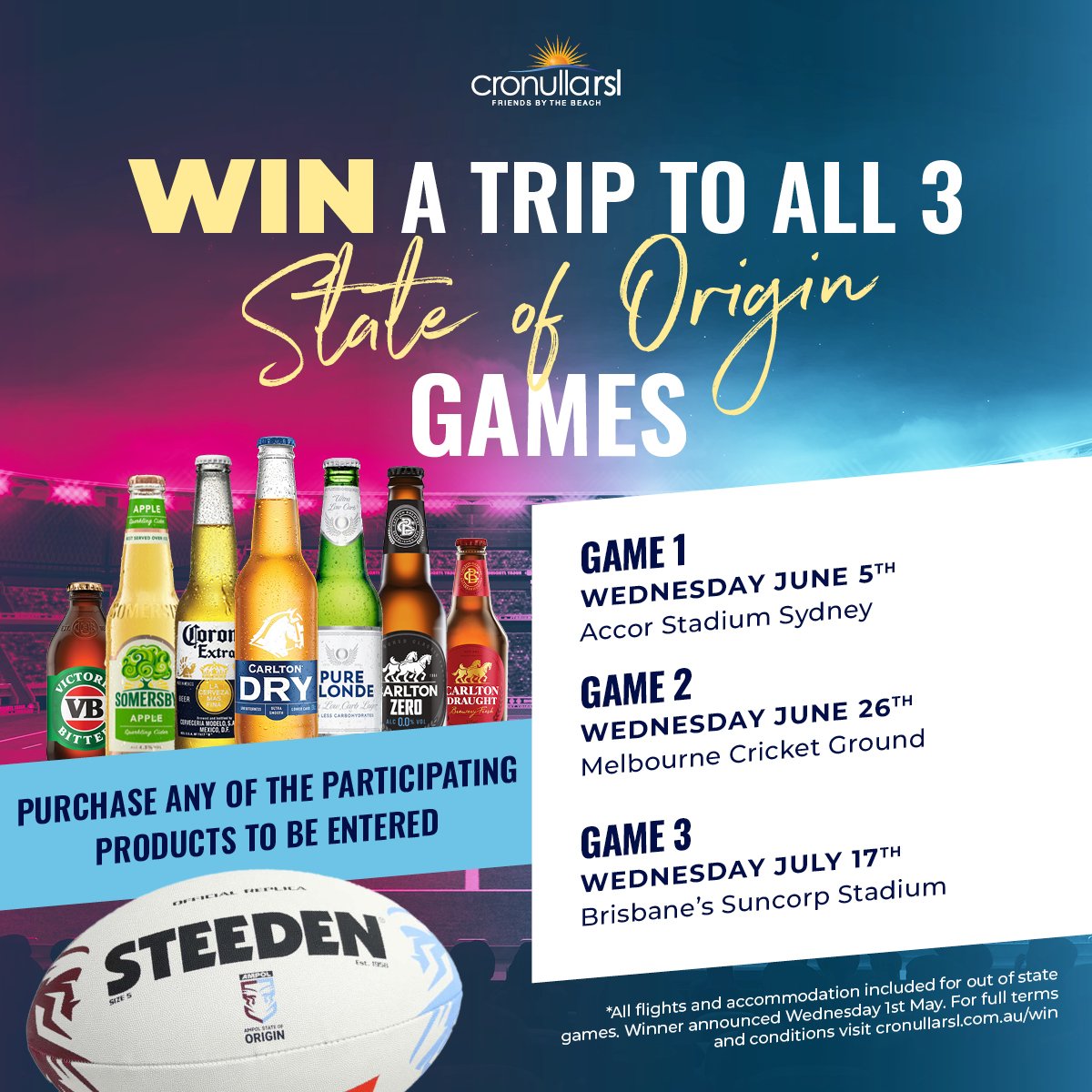 🏉🌟 This is your opportunity to score big at Cronulla RSL! 

Purchase any of our featured items to be automatically entered into the draw for a chance to win a trip to all 3 STATE OF ORIGIN Games! Flights and accommodation are included for out-of-st
