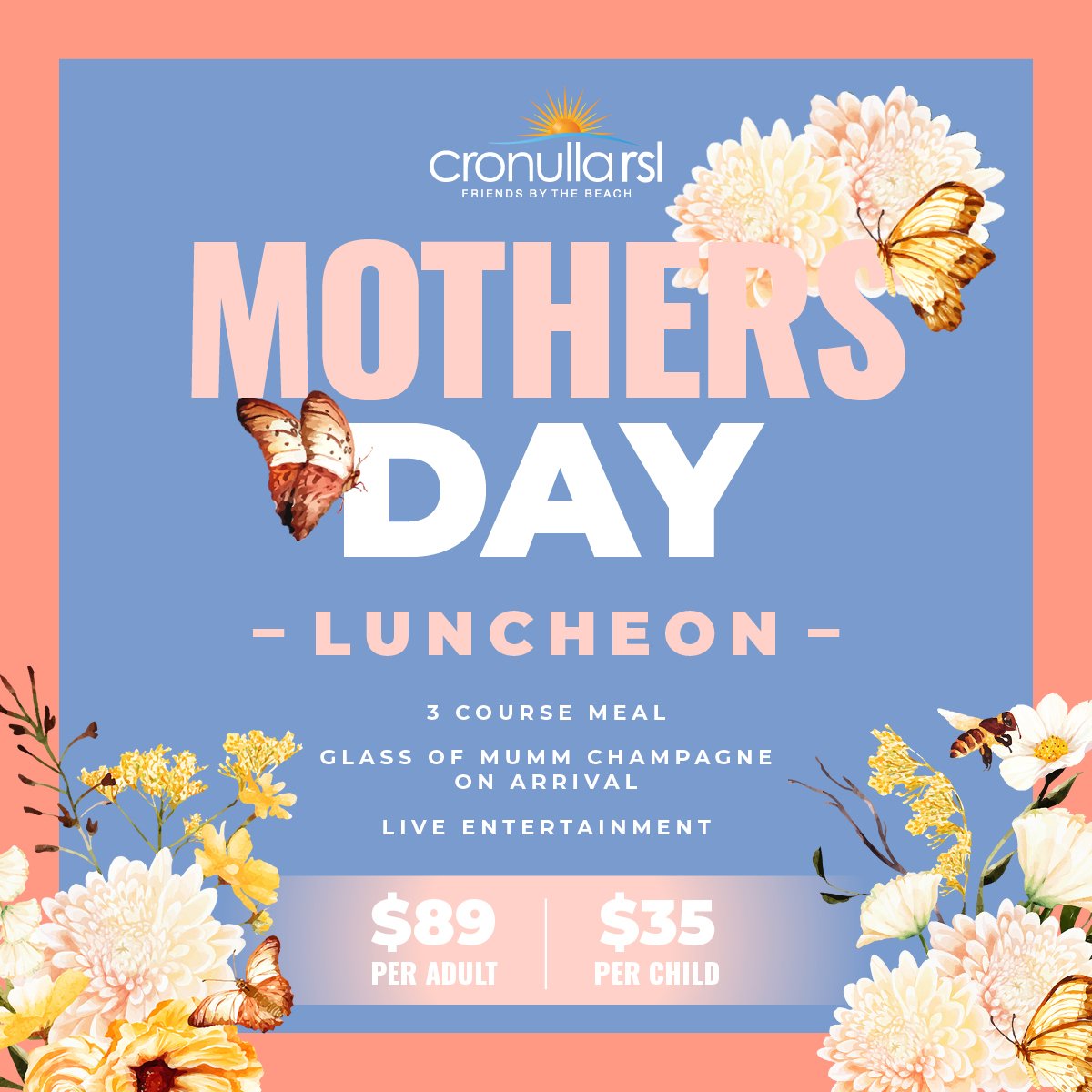 🌸🍽️ Treat your mom to an unforgettable Mother's Day luncheon!

Indulge in a delightful 3-course meal, accompanied by a glass of Mumm champagne upon arrival, and enjoy live entertainment throughout the day. Tickets are $89 for adults and $35 for chi