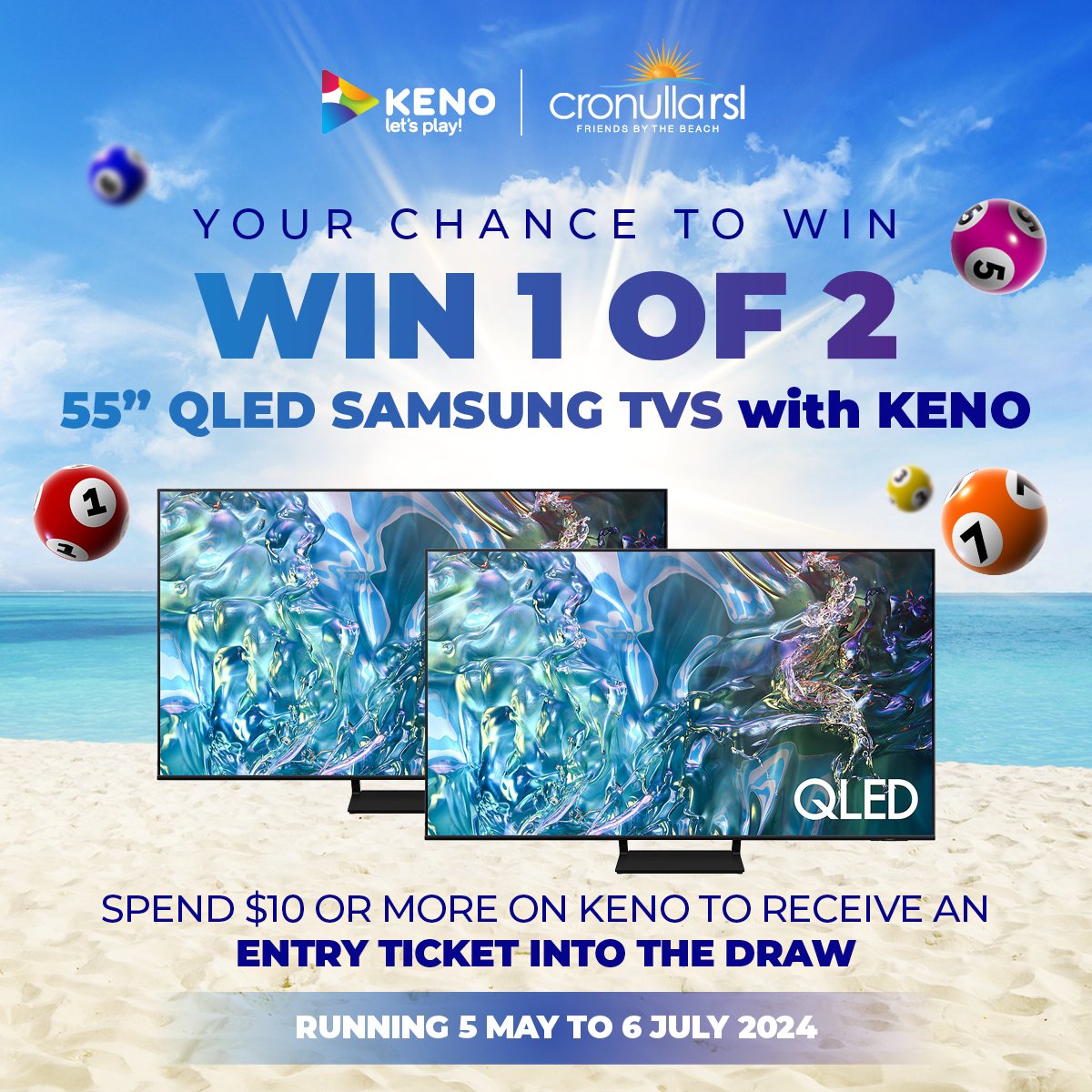 Get ready to elevate your entertainment experience with Keno! Spend $10 or more on Keno and stand a chance to win 1 of 2 sensational 55-inch QLED Samsung TVs! Every Keno play of $10 or more earns you an entry ticket into the draw. 

Running from 5 Ma
