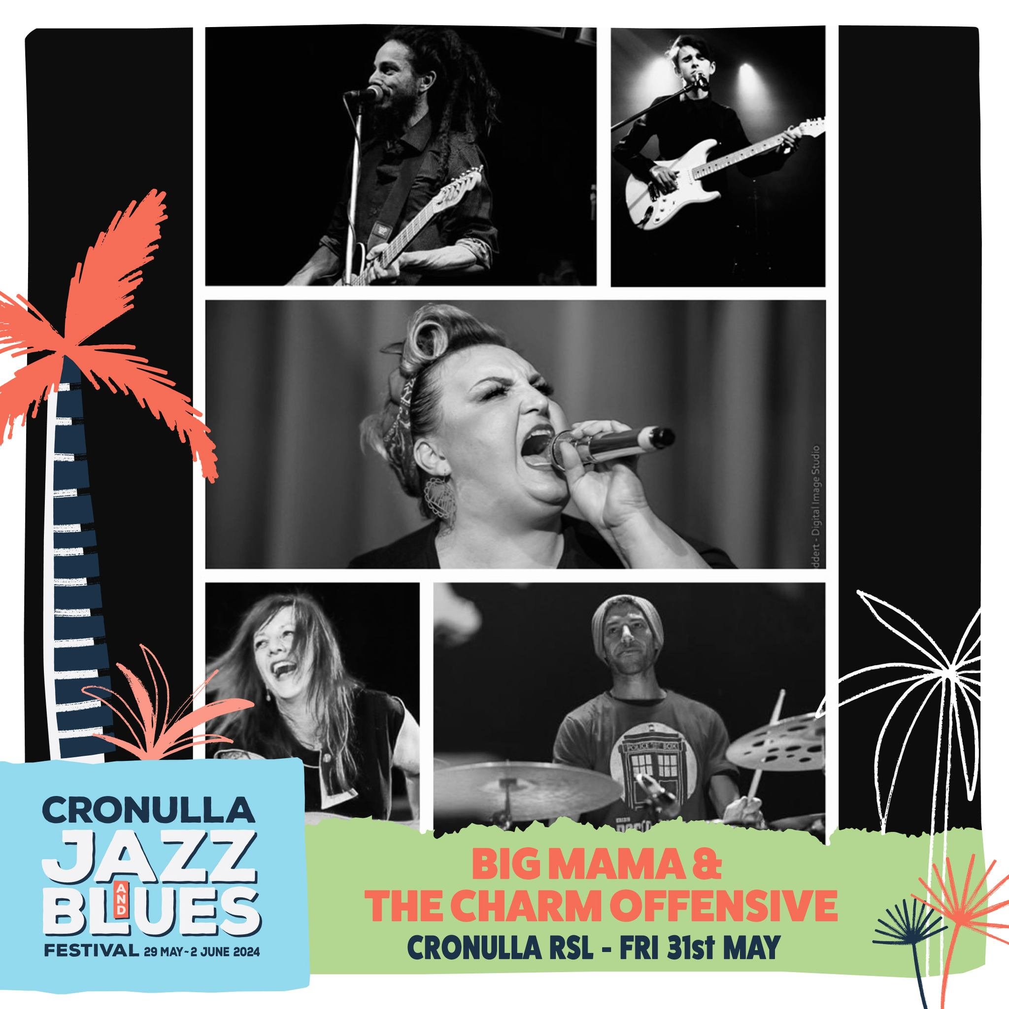 The Jazz &amp; Blues Festival at Cronulla RSL features an exciting lineup. Kicking off the evening, Big Mama &amp; The Charm Offensive will perform from 7 PM to 8 PM. Following their set, enjoy a special tribute to two legendary artists with &quot;Th