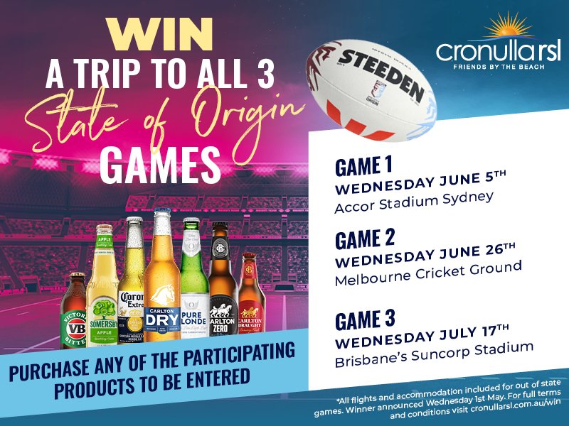 Win a trip to all 3 State of Origin Games — Cronulla RSL