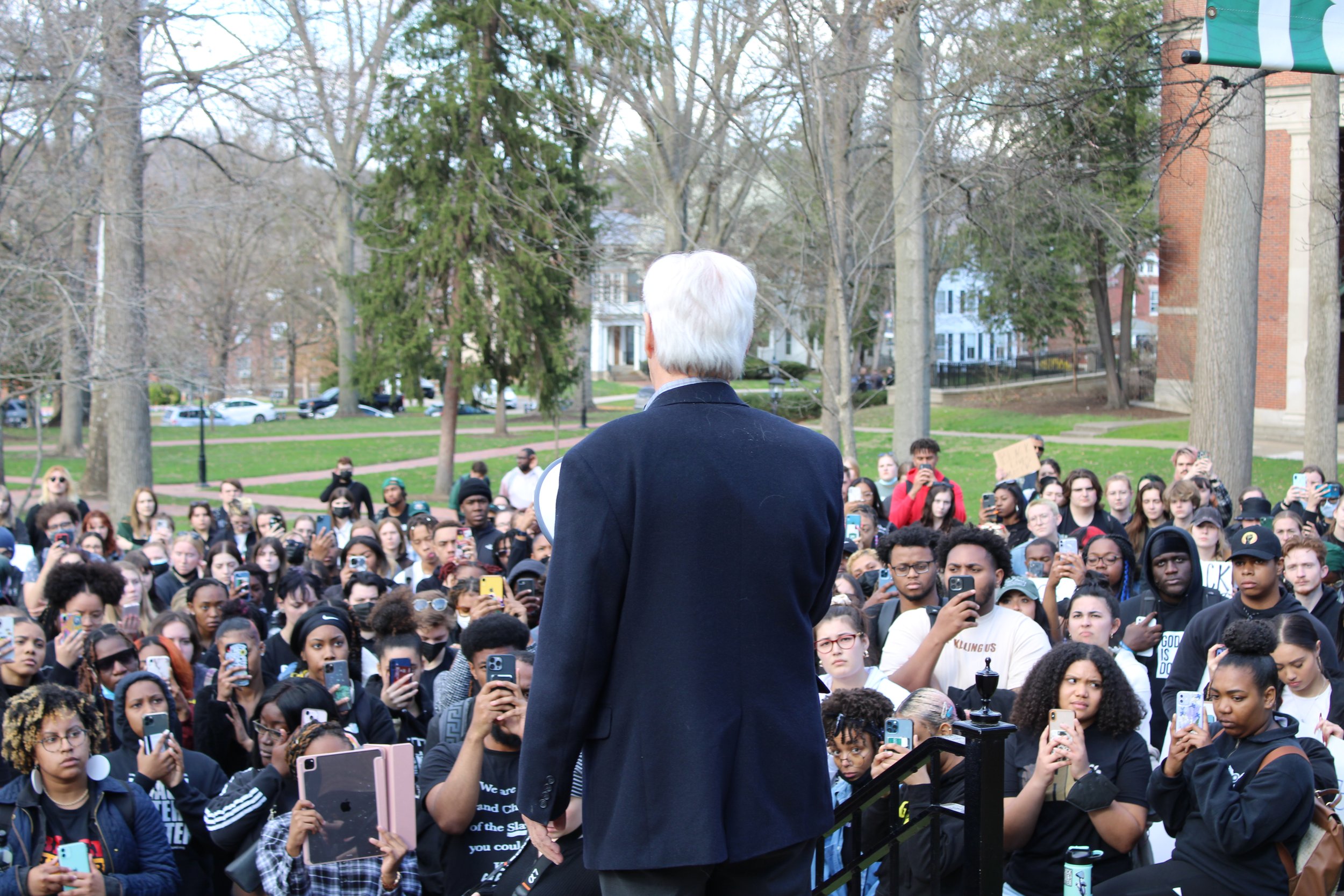  Sherman addresses claims made during the protest in a speech on the Cutler hall steps. Photo by Izzy Keller. 