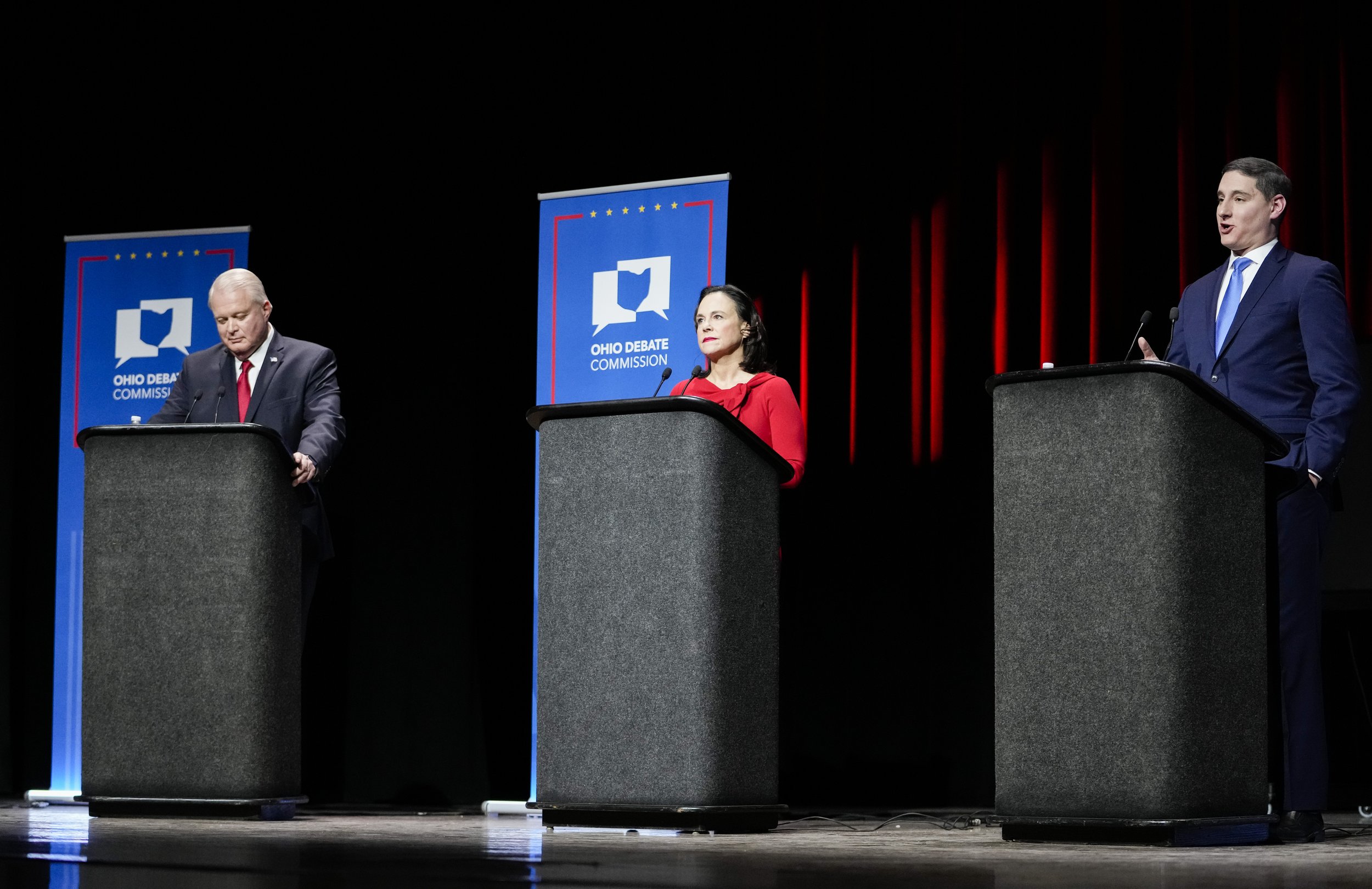  From left to right: Mike Gibbons, Jane Timkin, and Josh Mandel. Photo credit Josh Bickel/Ohio Debate Commission. 