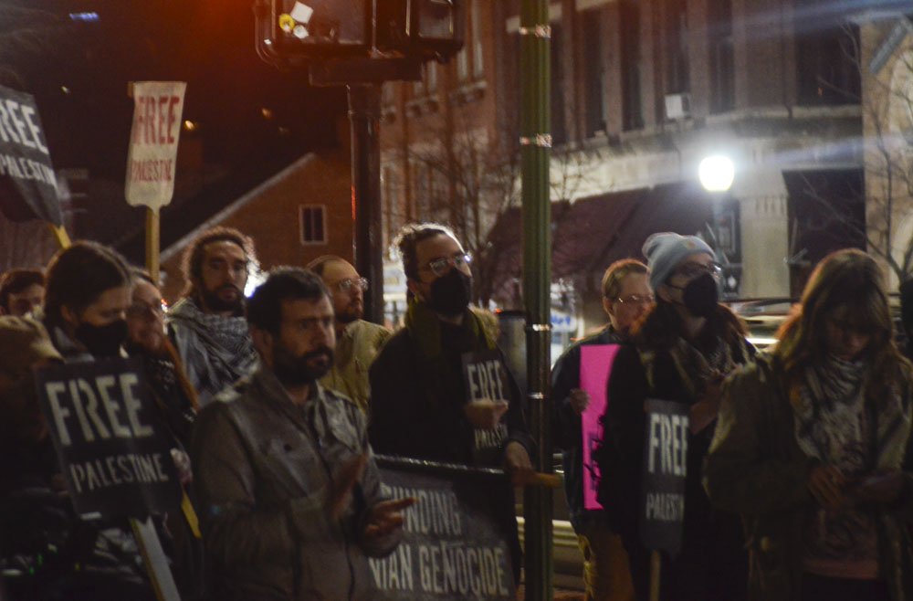  Protestors outside of the Athens County Courthouse at the Rally for a ceasefire in Palestine. Photo by Jessica Horner 