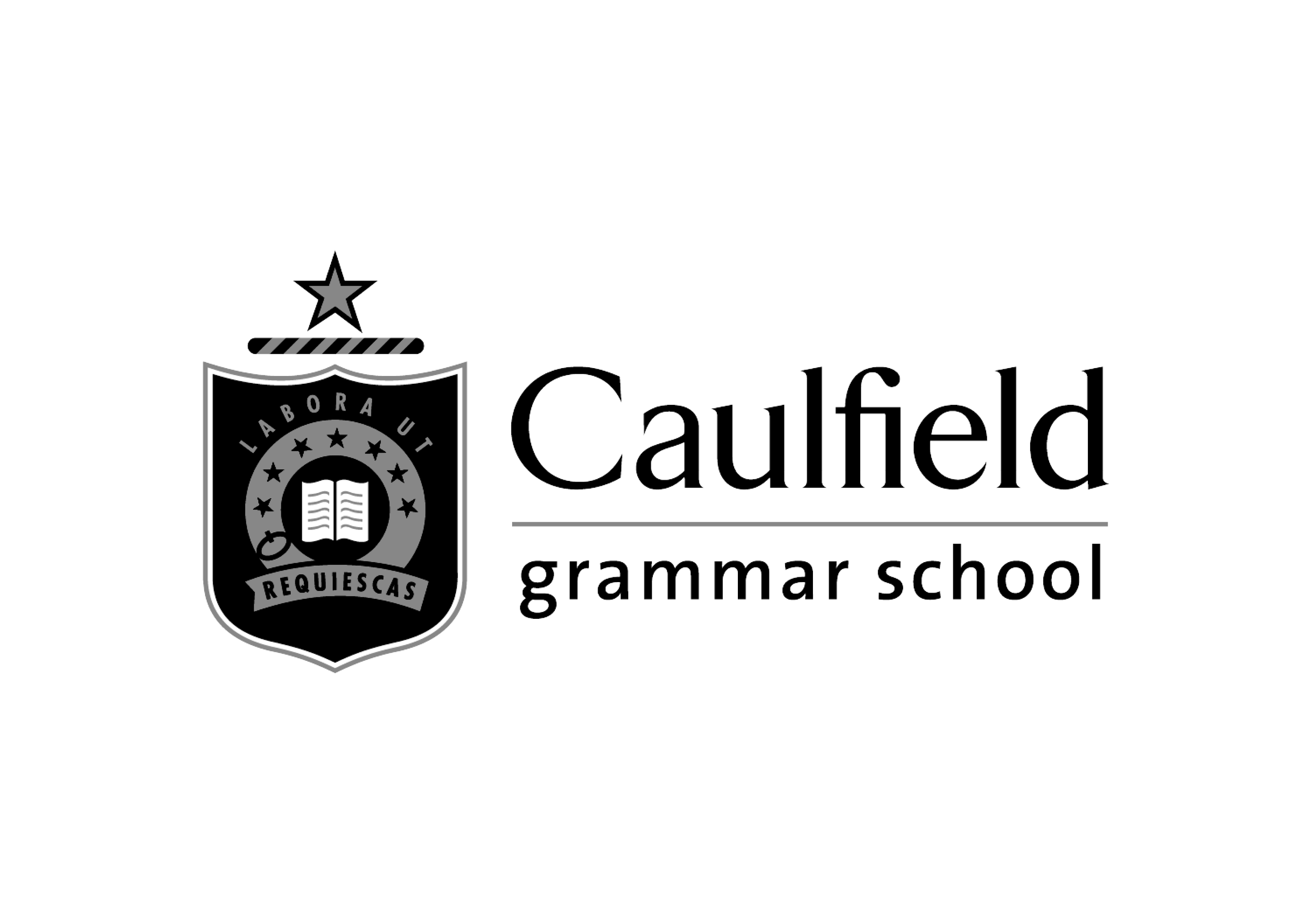 Caulfield Grammar School logo featuring a shield with an open book, stars, and Latin text, with the name 'Caulfield' and 'grammar school' beside it.
