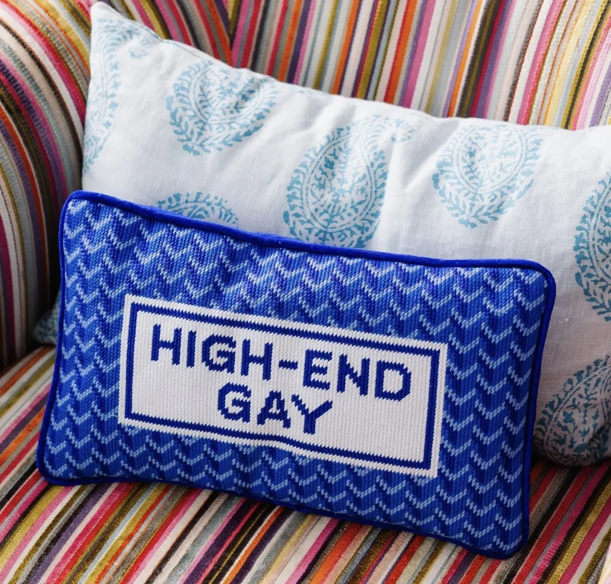 high-end gay needlepoint pillow