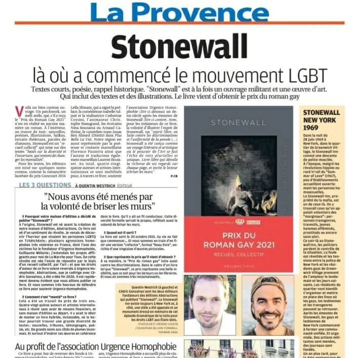 STONEWALL – ARTICLE et INTERVIEW LA PROVENCE
