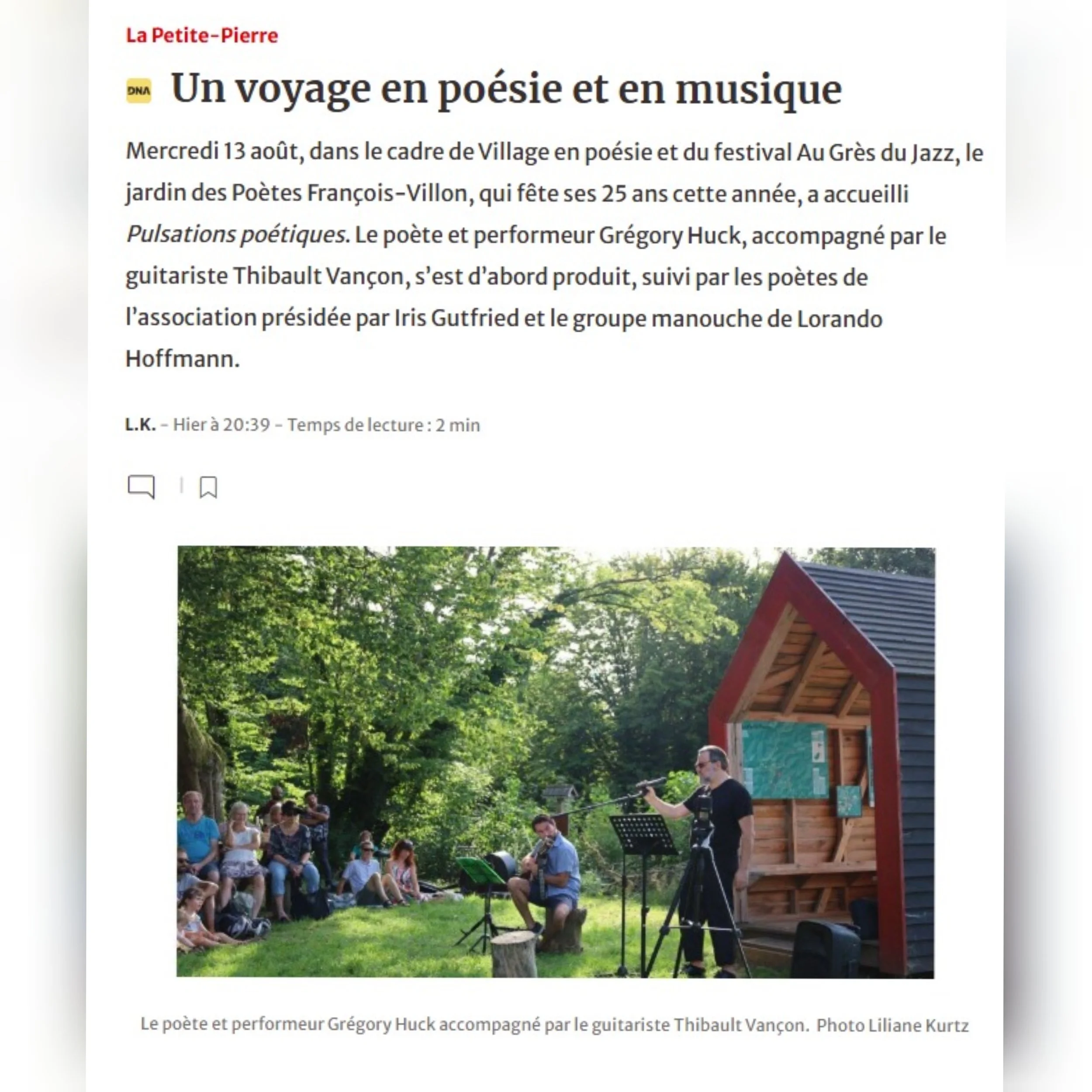GRÉGORY HUCK - POÉSIE ET MUSIQUE AU FESTIVAL AU GRÈS DU JAZZ / DNA