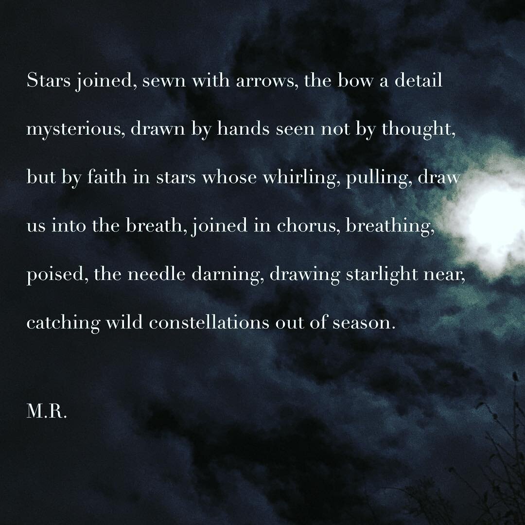 Hendecasyllabic (Phalaecian) stanza.
&bull;
&bull;
&bull; - Skyhunter's Orison -

Stars joined, sewn with arrows, the bow a detail
mysterious, drawn by hands seen not by thought,
but by faith in stars whose whirling, pulling, draw
us into the breath,
