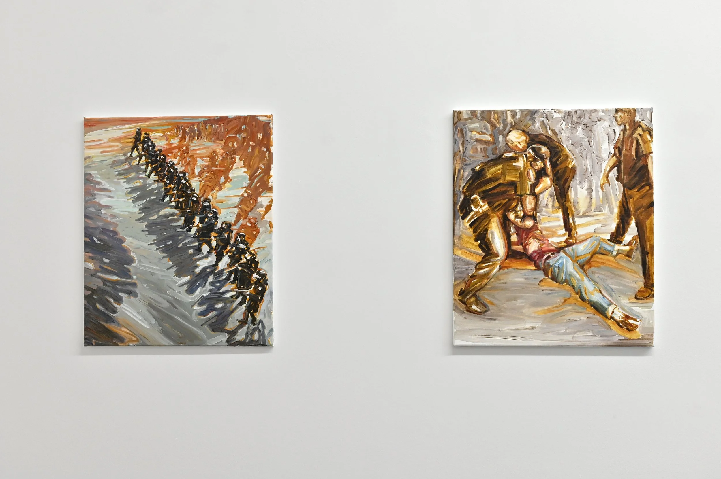 Simin Jalilian, Verhör / Interrogation, 2025, Öl auf Leinwand / Oil on canvas, 50 x 60 cm, Shadow Reversal / Schattenumkehr, 2025, Öl auf Leinwand / Oil on canvas, 50 x 60 cm. Foto: Michael Lüder.
