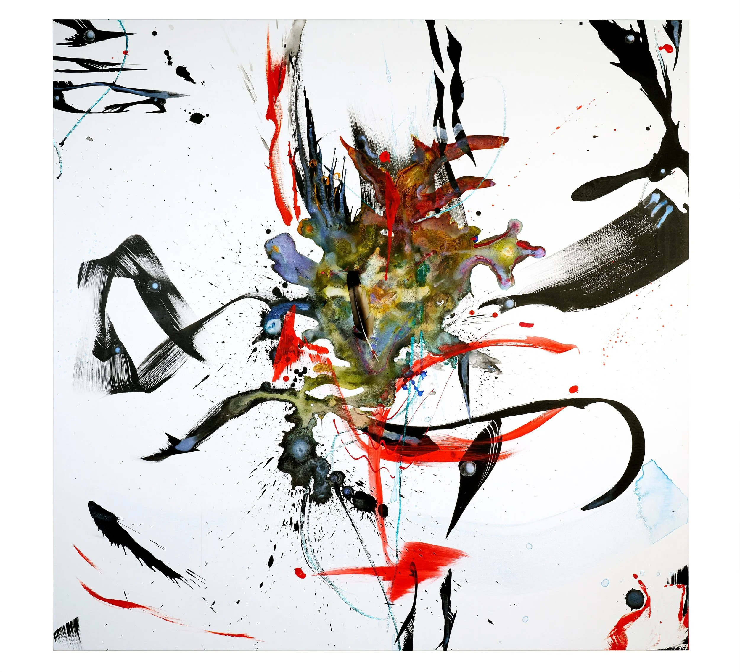 YUKI, 2024,
Ink, mixed media, pigment, yarn, feather on canvas,
180 x 180 cm